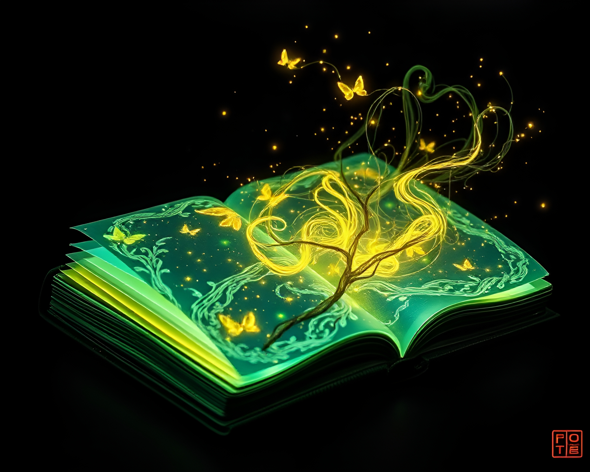 Enchanted Book with Bioluminescent Fiber Optics – free AI stock image