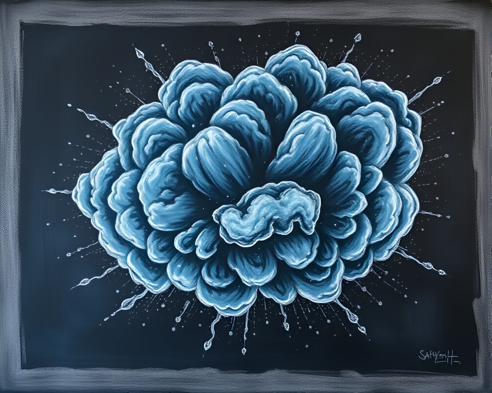 Chalkboard drawing of satyr surrounded by blue explosion cloud