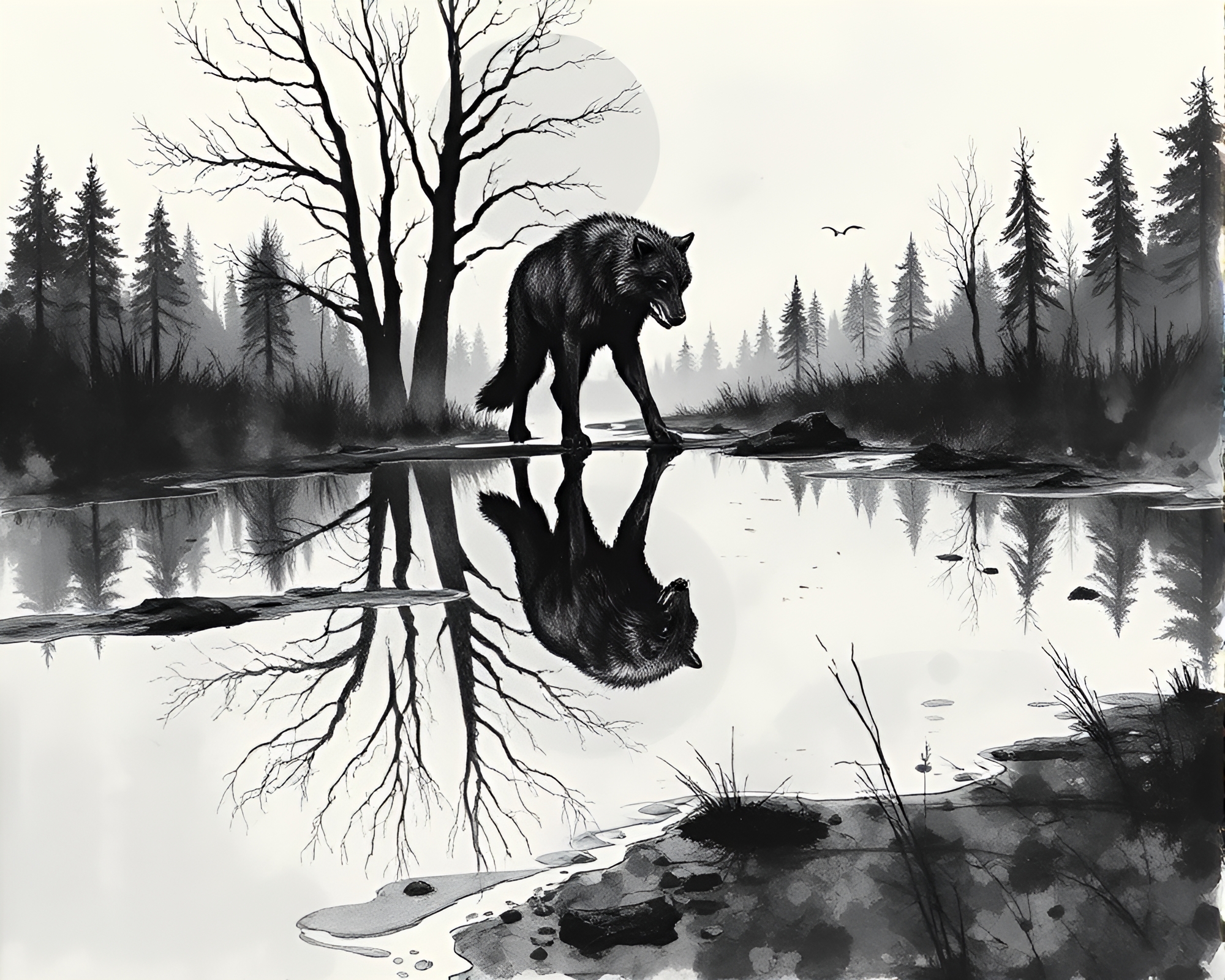 Ethereal Werewolf Gazing in Puddle Reflection – free AI stock image