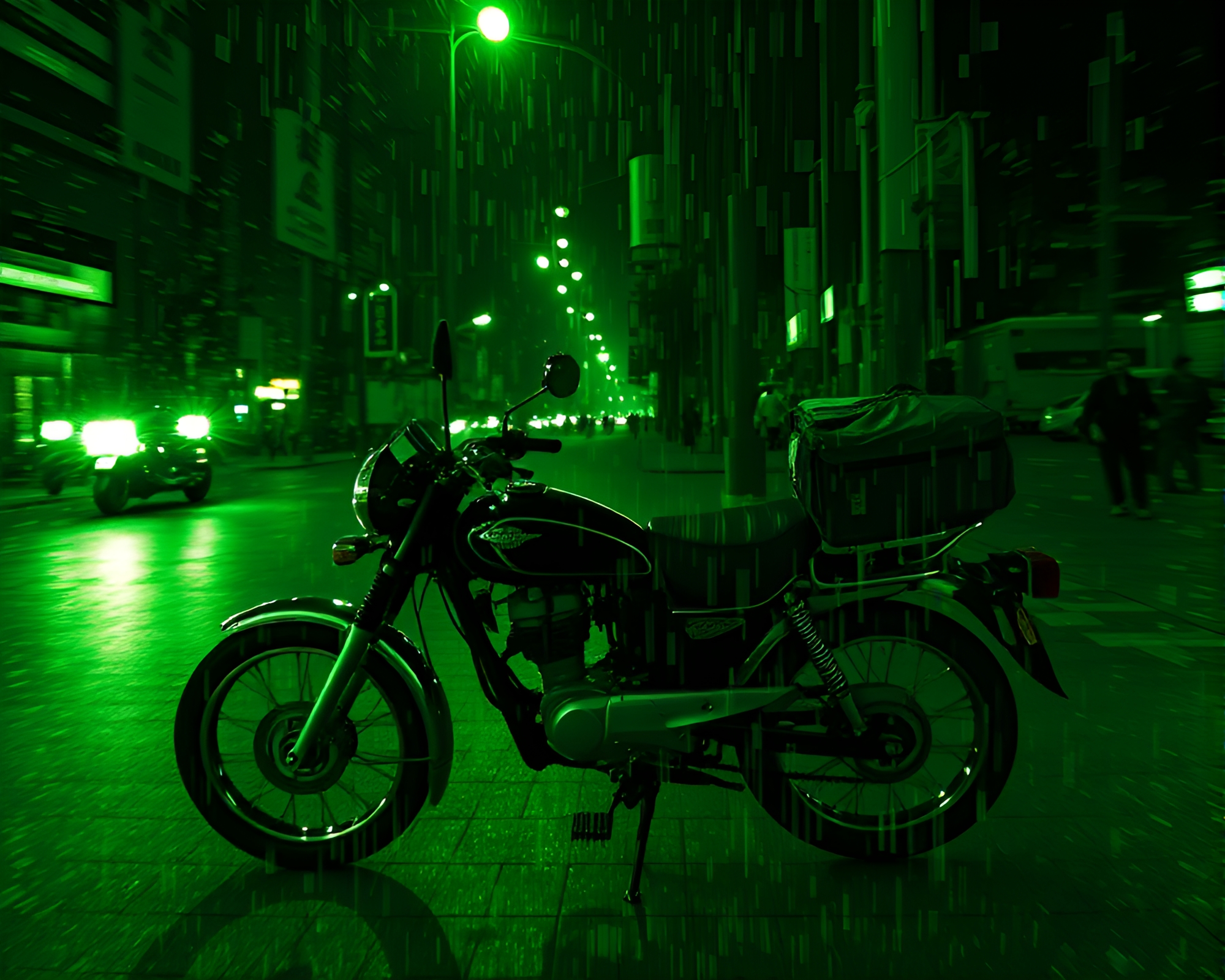 Monochrome Green Rickshaw Through Digital Noise – free AI stock image