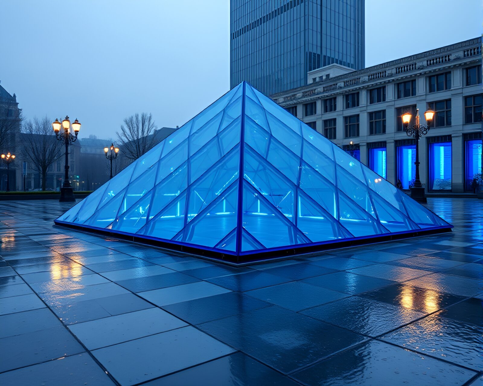Gelbooru wet pavement with glass monument and data display