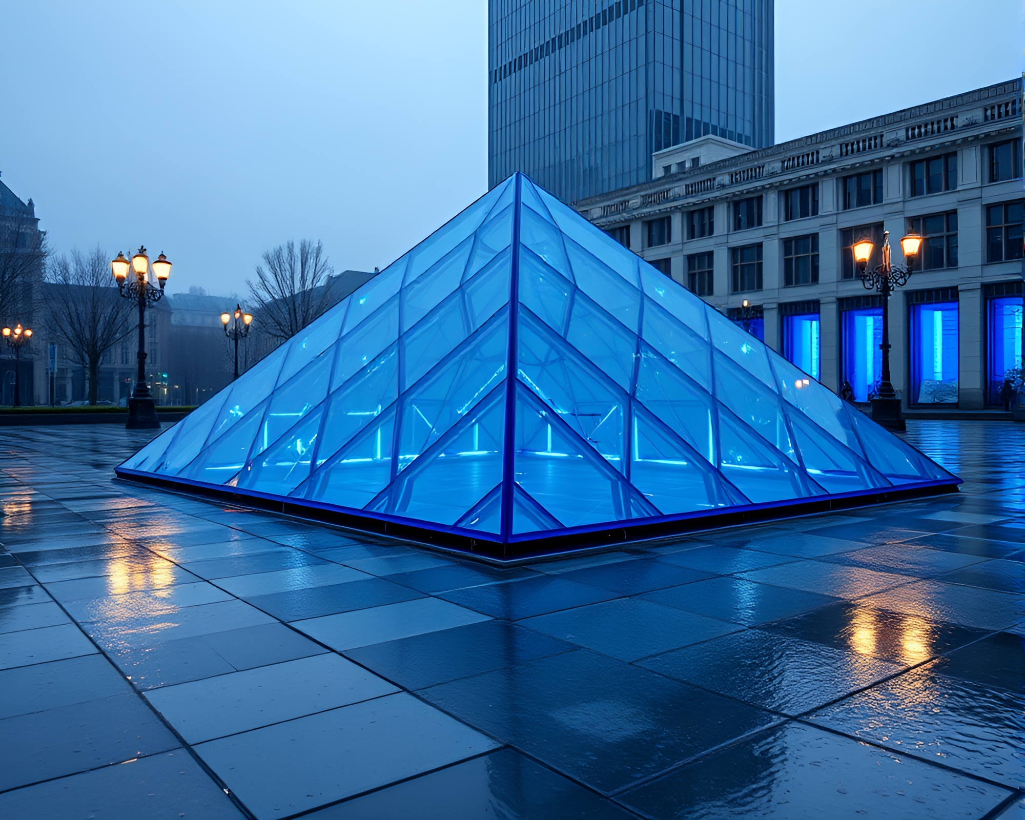 Glass Pyramid Reflecting Cobalt Blue Data Visualization – free AI stock image