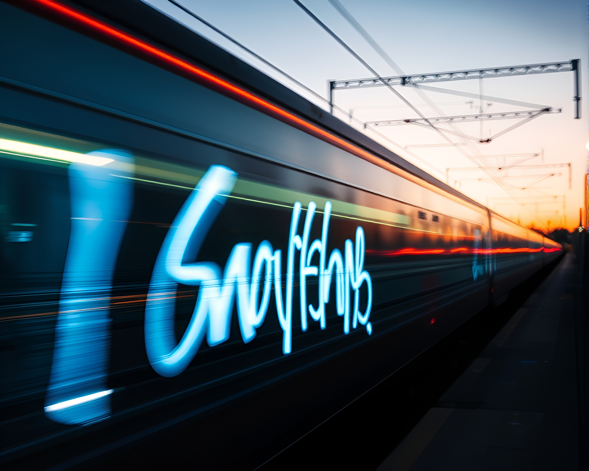 Neon Graffiti Train Light Trails Artistic Composition – free AI stock image