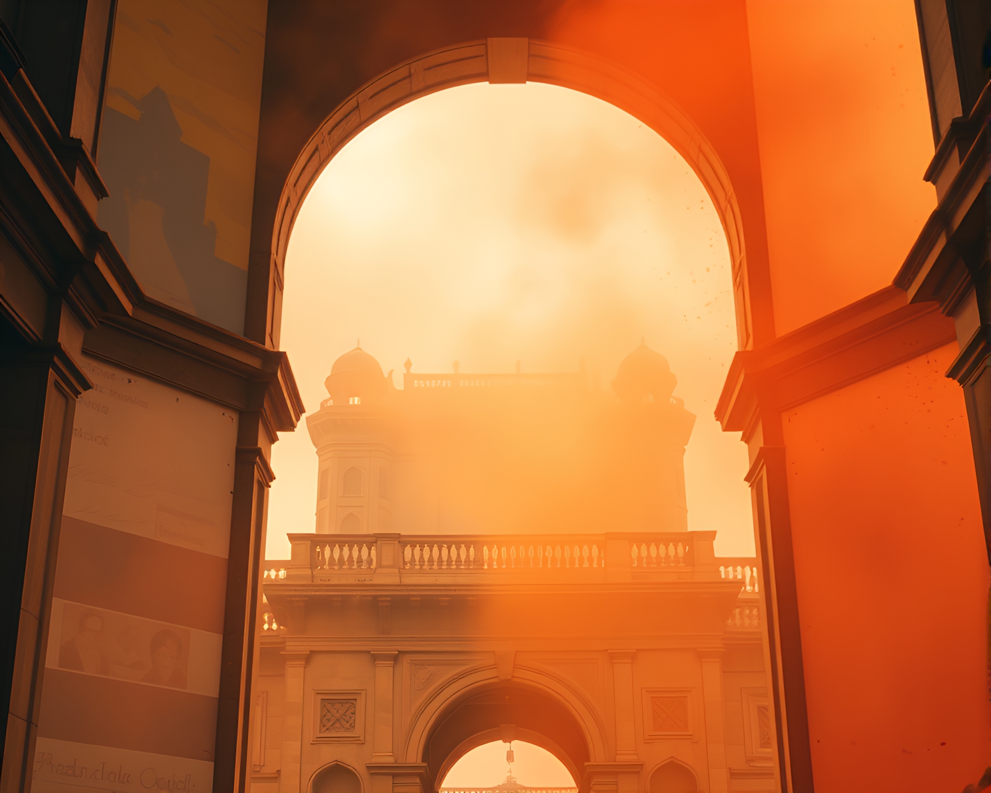 Time Traveler’s Architectural Frame in Colorful Haze – free AI stock image