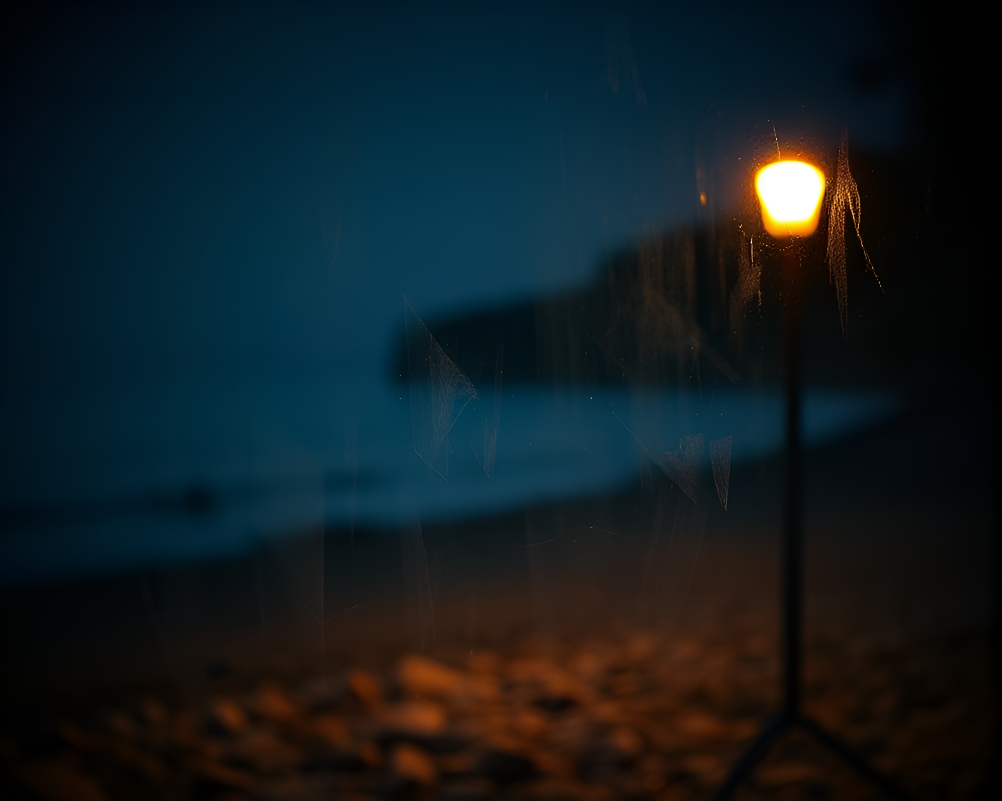 Chalkboard Pebble Beach Illuminated by Streetlamp Glow – free AI stock image