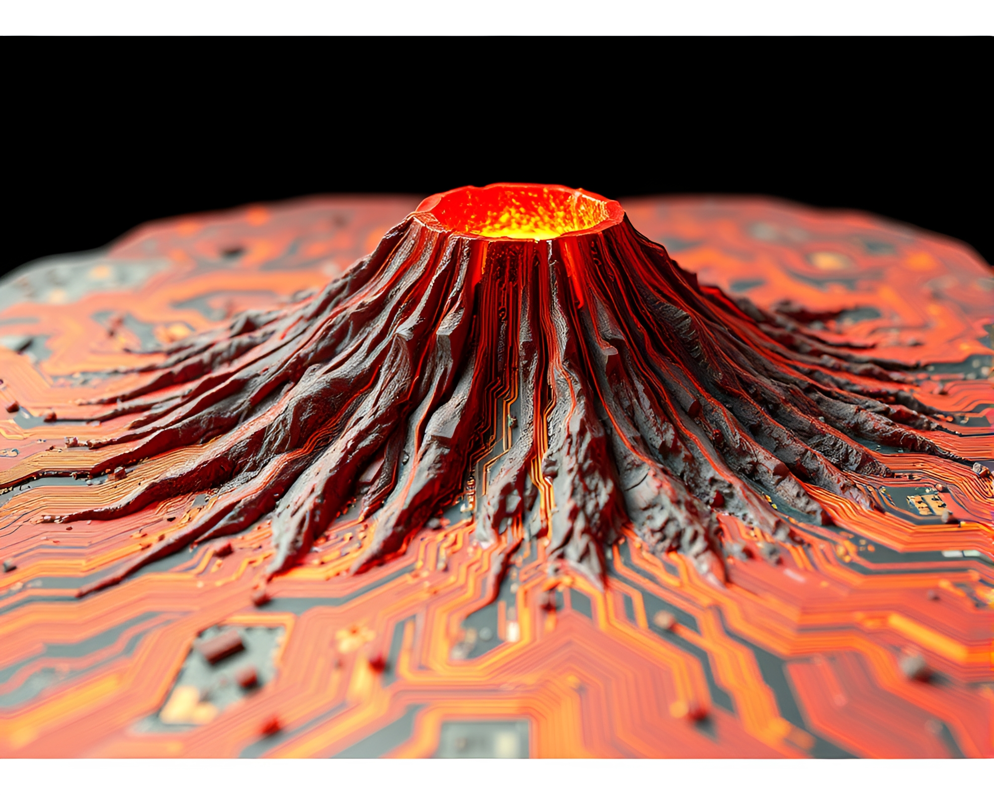 Voxel Art of Circuit Board Traces in Volcano Crater – free AI stock image