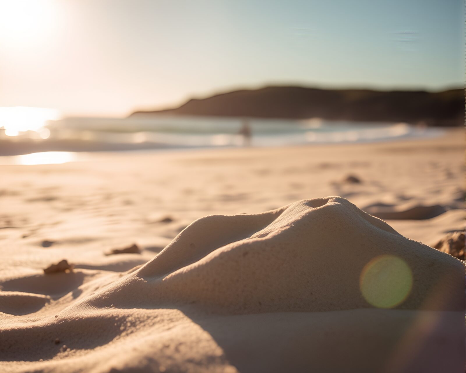 Telephoto photograph of a beach bathed in soft shadows