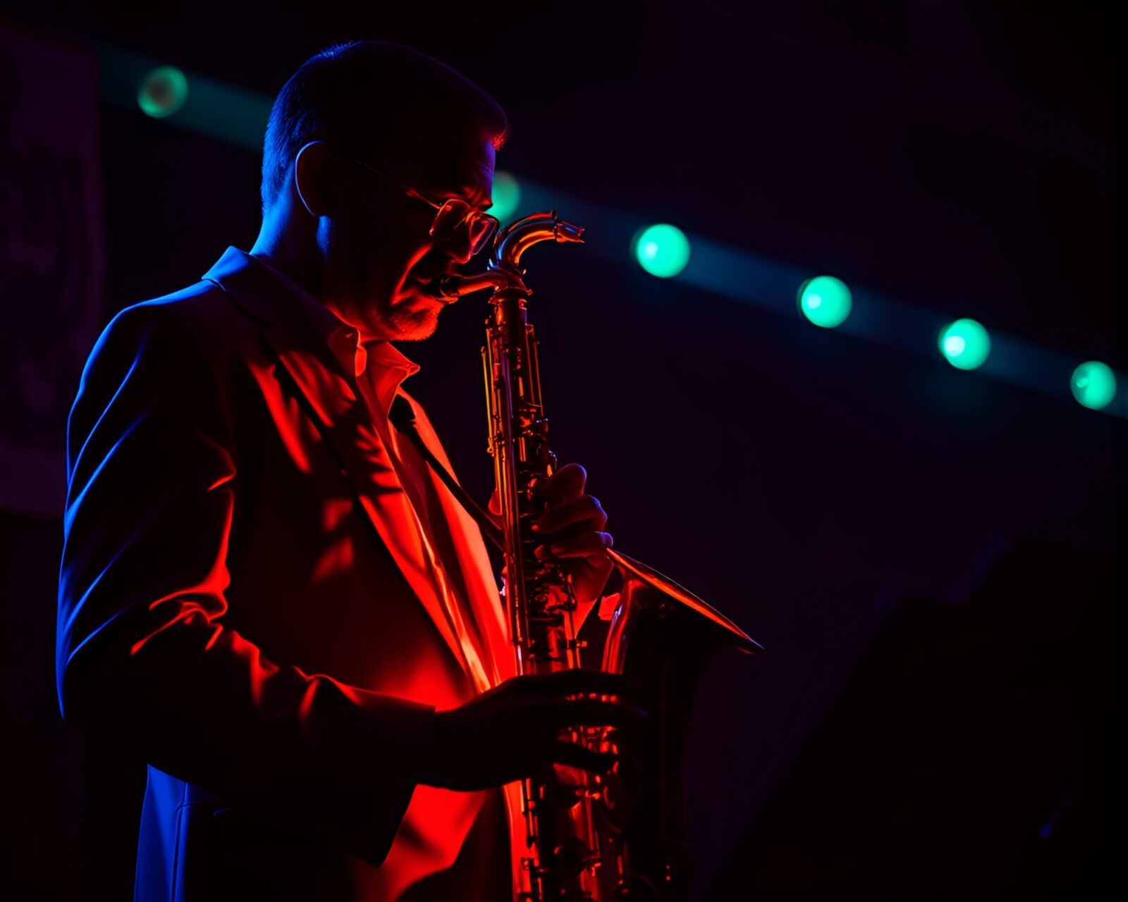 Vibrant neon-lit saxophone amid dramatic shadow play