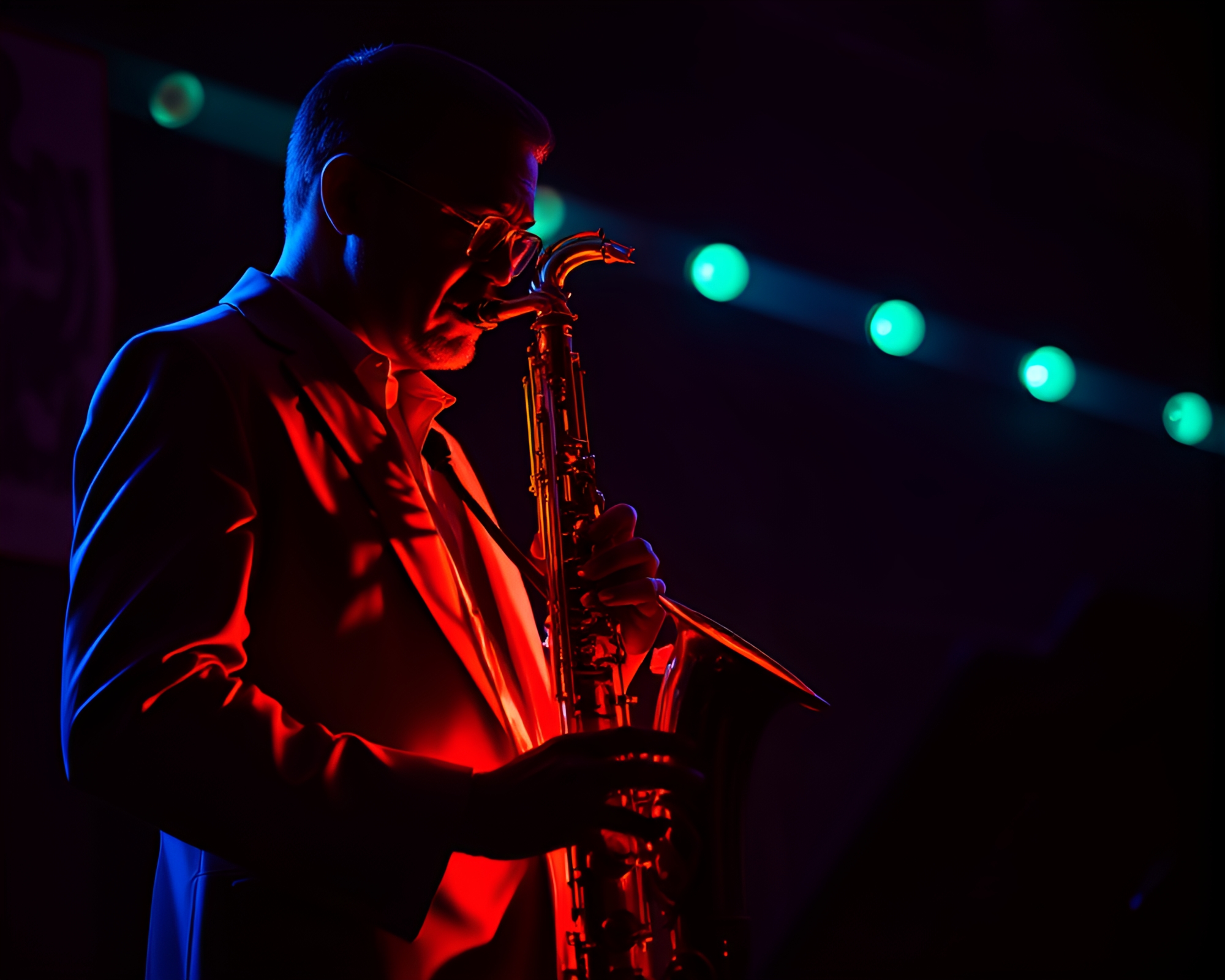 Neon Saxophone Shadow Play Stereograph – free AI stock image