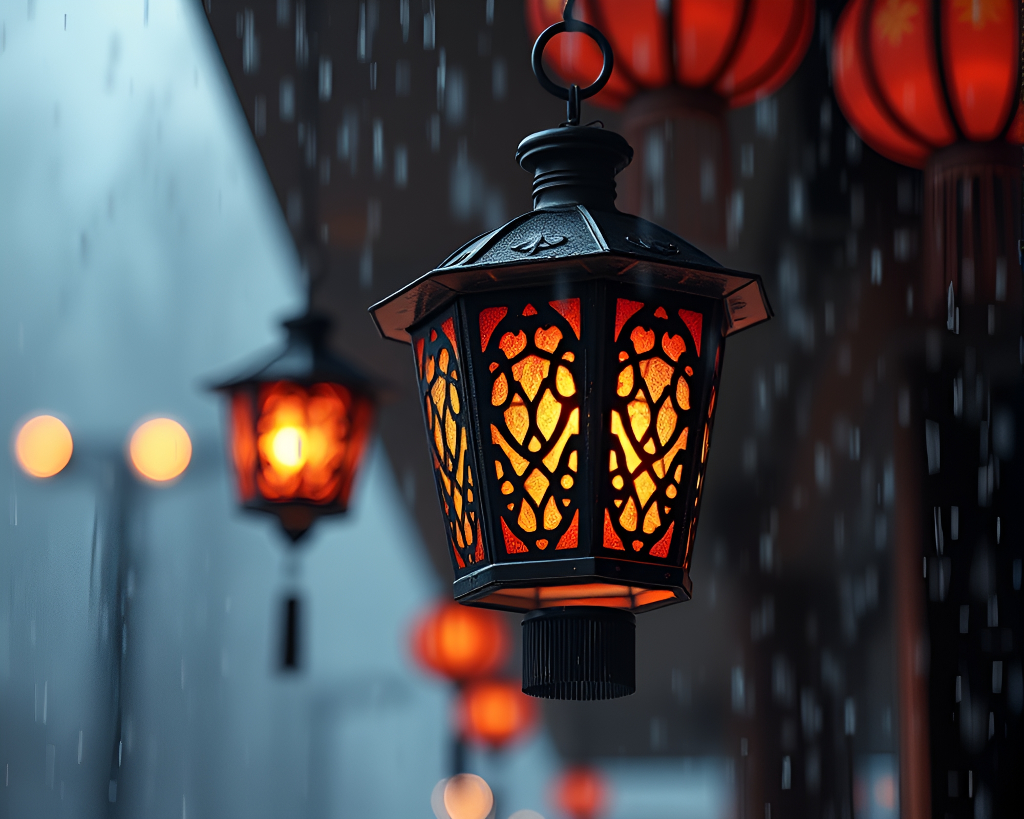 Lantern Light Stitched Rain Reflects Fantasy Particles – free AI stock image