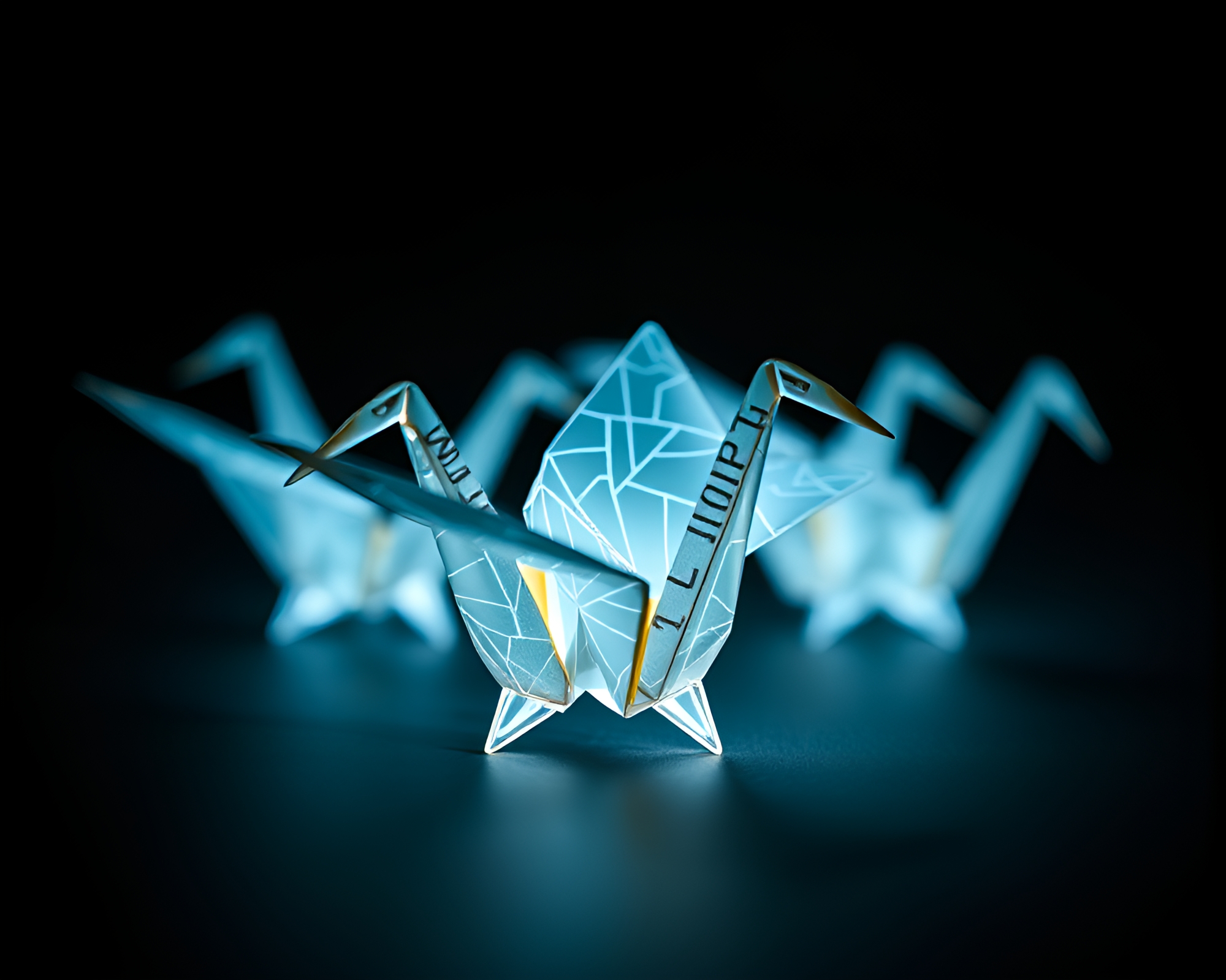 Origami Crane Focus Stacking in Blueprint Club Lights – free AI stock image