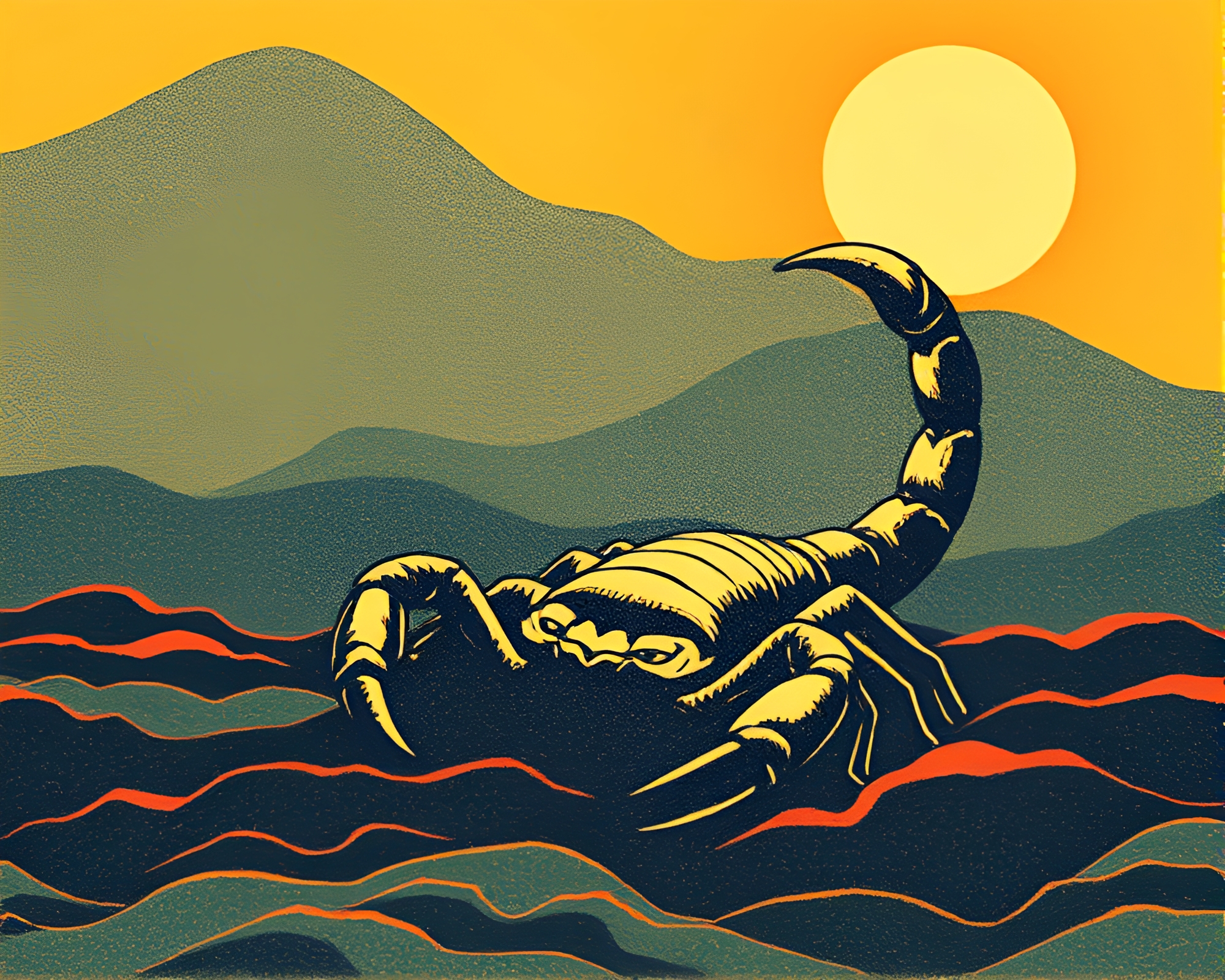 Scorpion in Procedural Woodblock Print with Warm Glow – free AI stock image