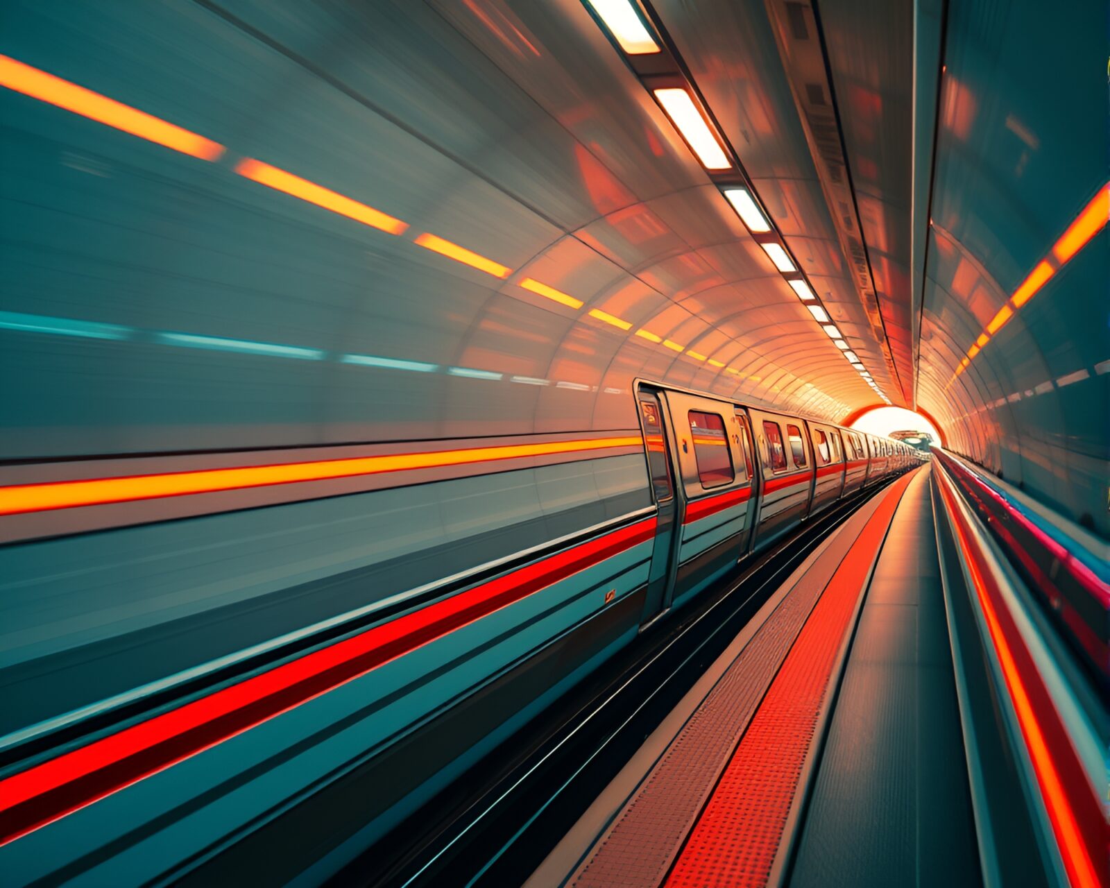 Tilted angle view of monorail cutting through vibrant city