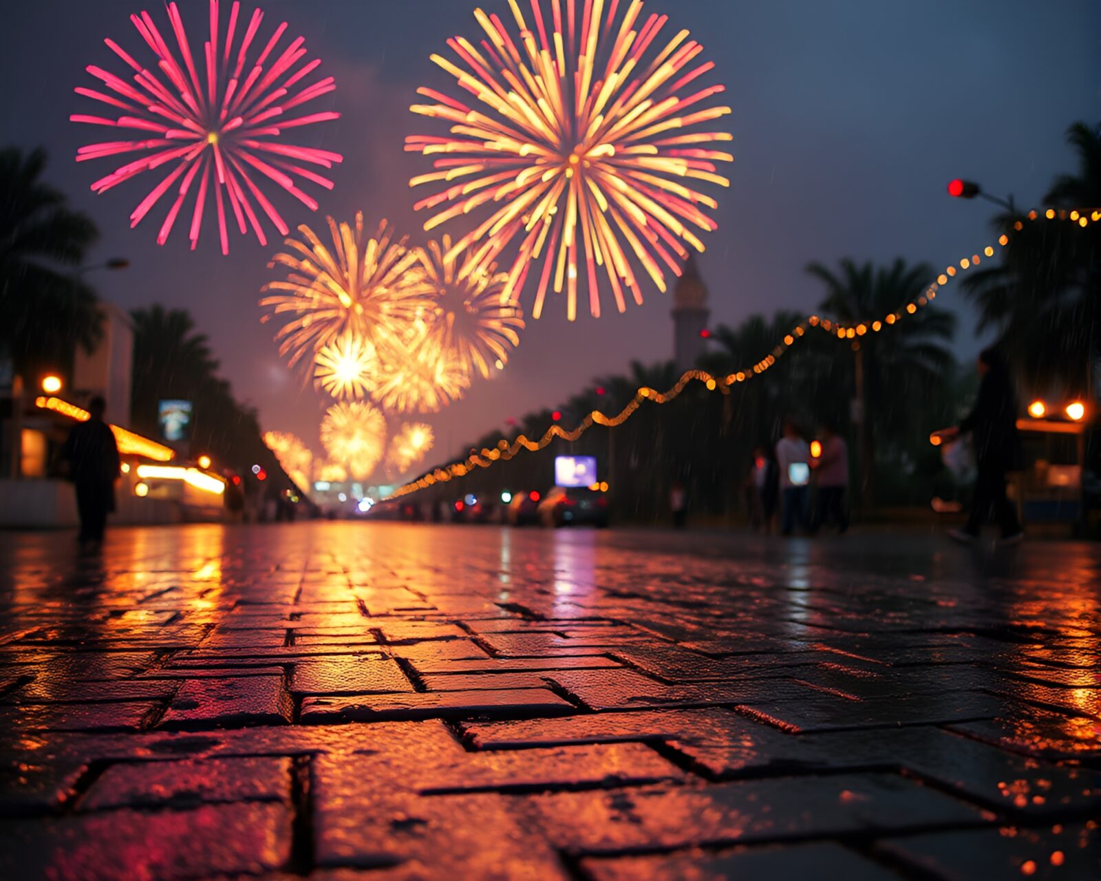 Colorful festival fireworks reflected on glitched ring patterns in rain