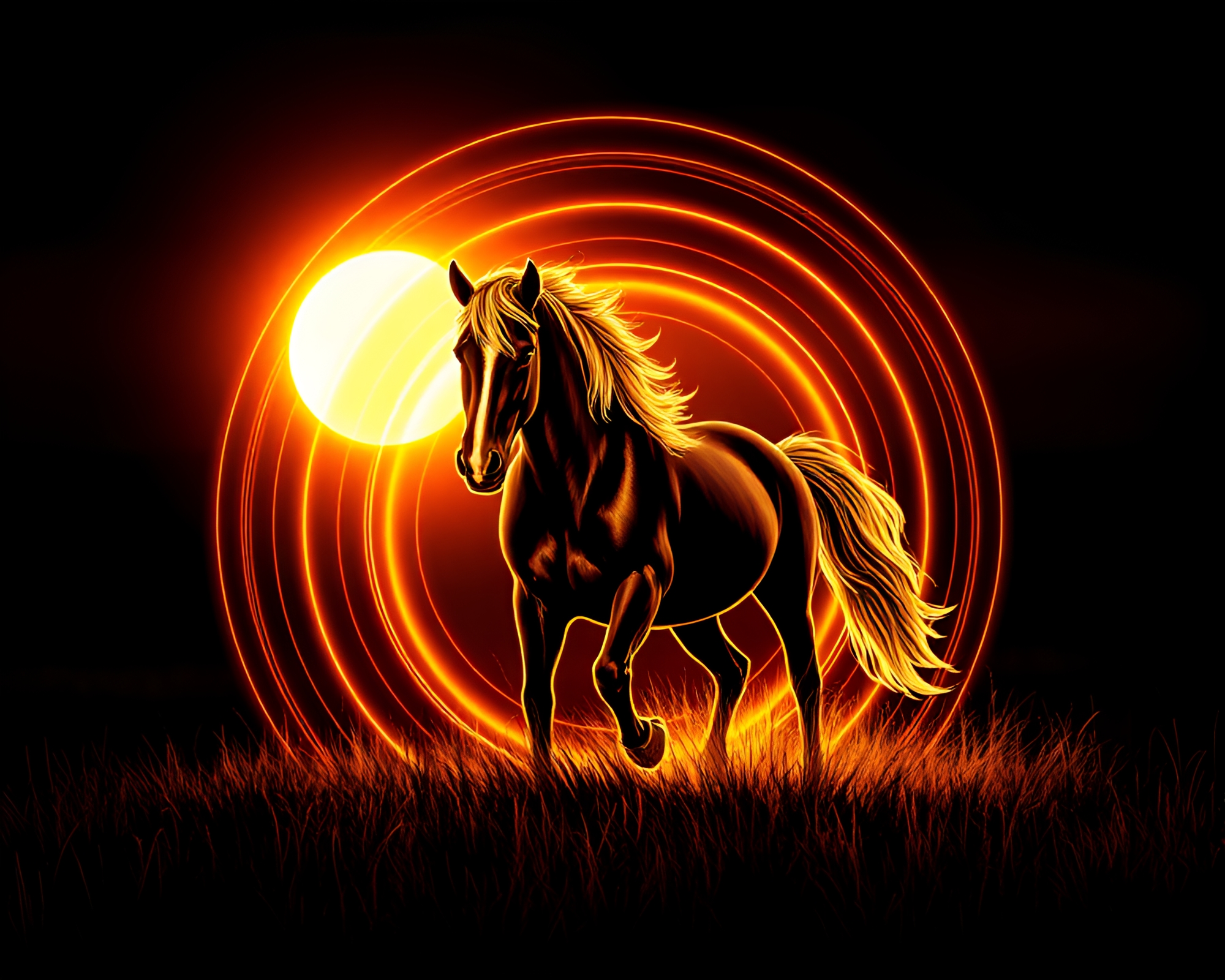 Majestic Wild Stallion in Golden Hour Concentric Circles – free AI stock image