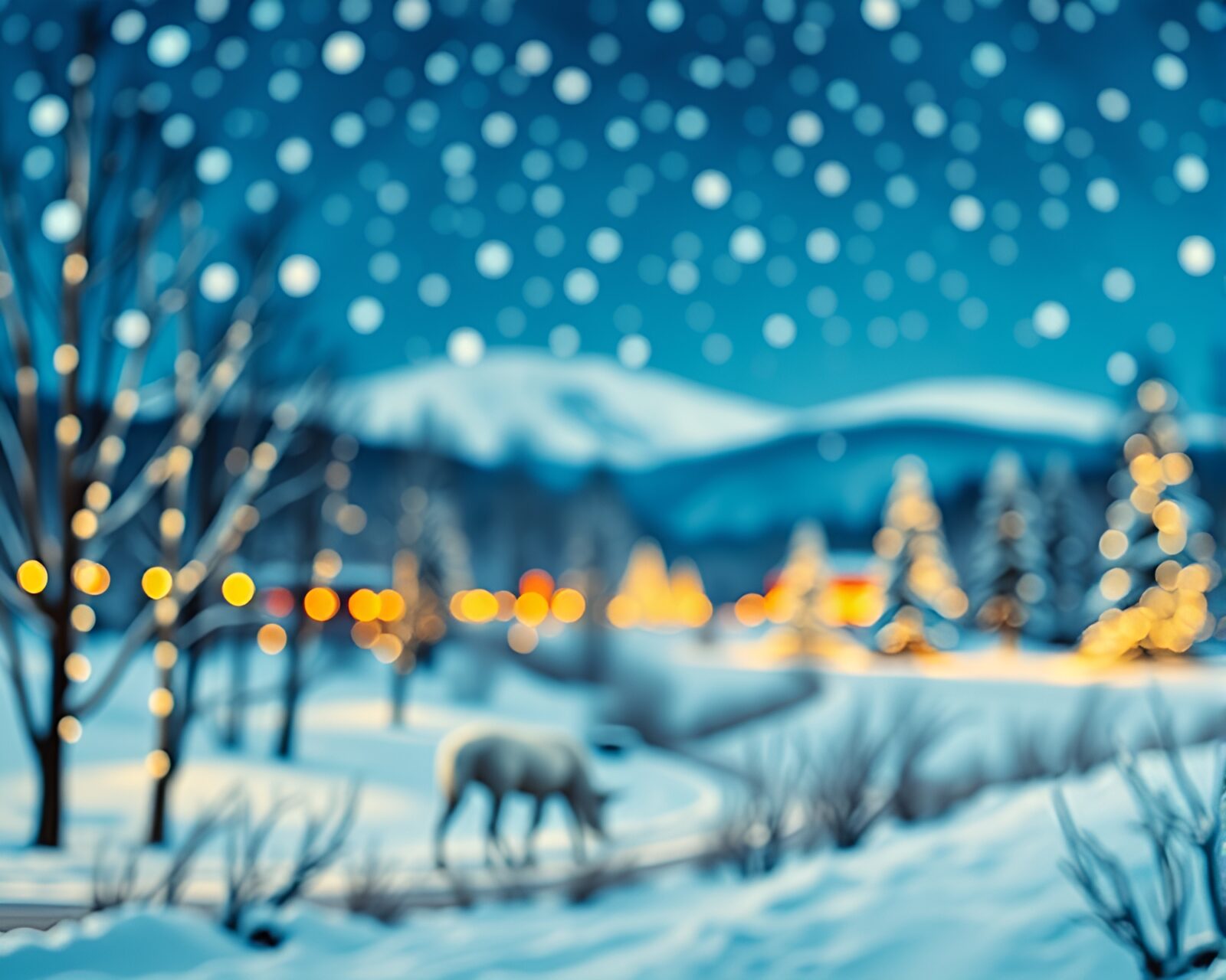 Snow-covered landscape with sparkling lights in a linocut print style