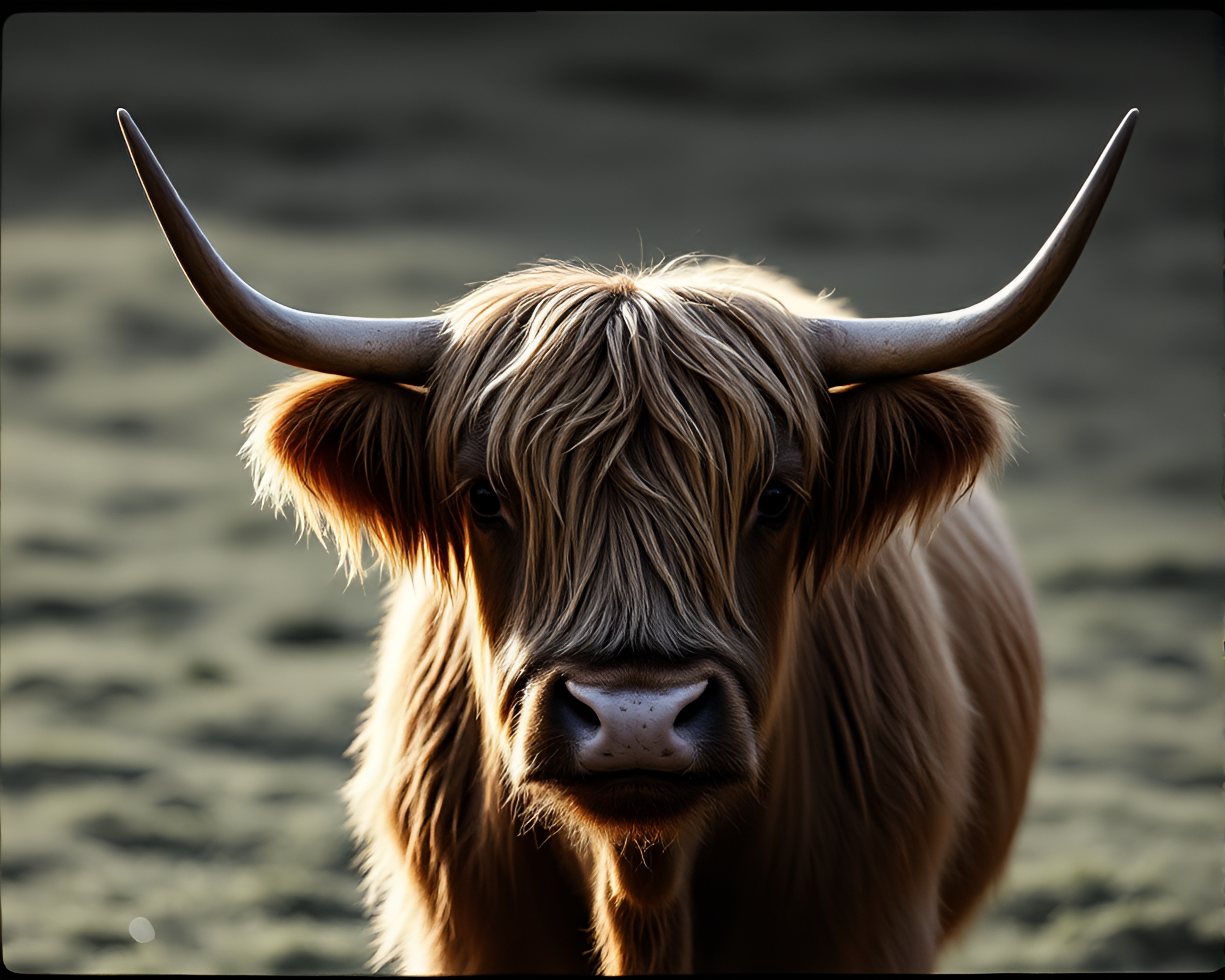 Striped Highland Cow Emerging from Grainy Shadows – free AI stock image
