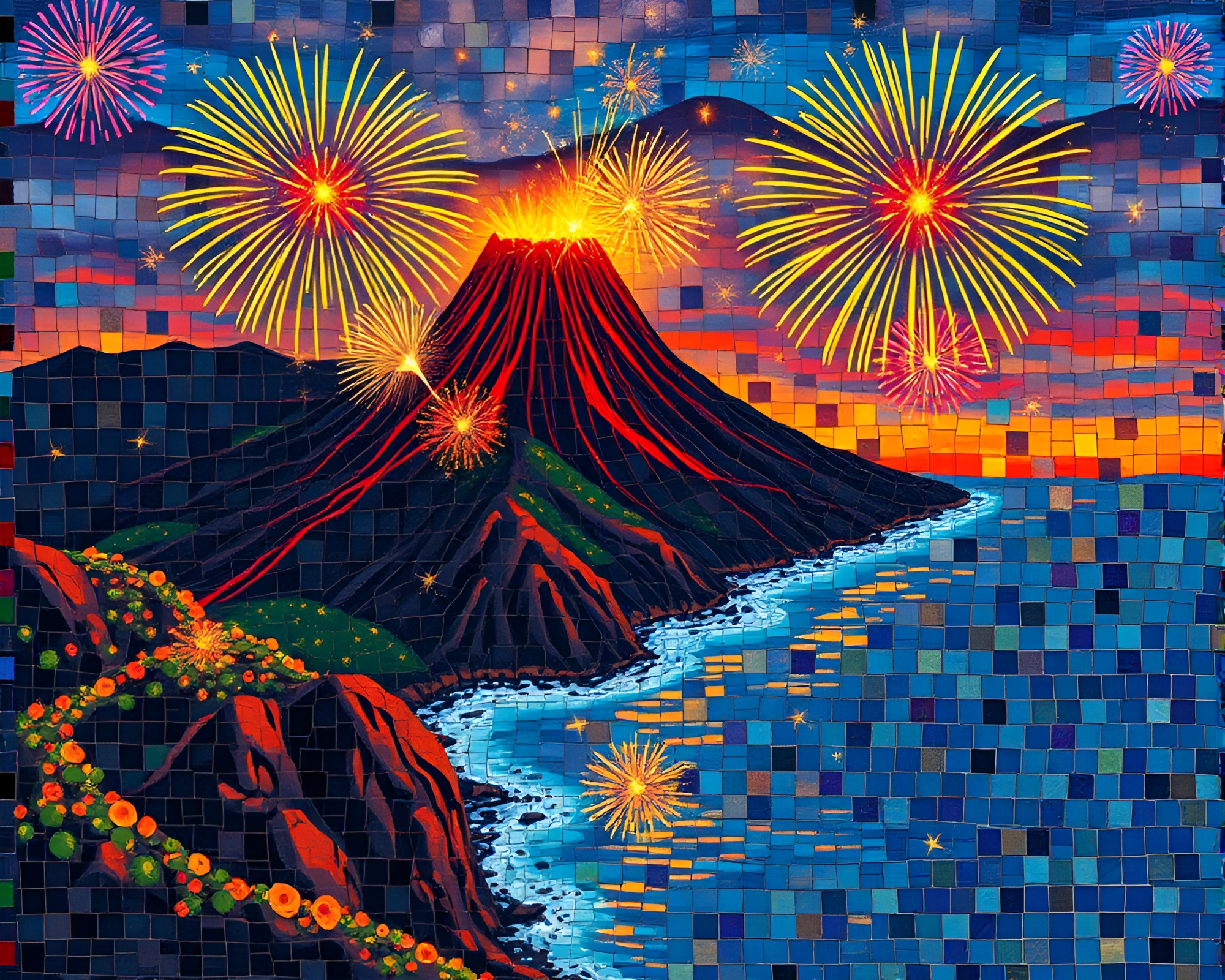 Volcanic Island Festival Mosaic Tiling Illustration – free AI stock image