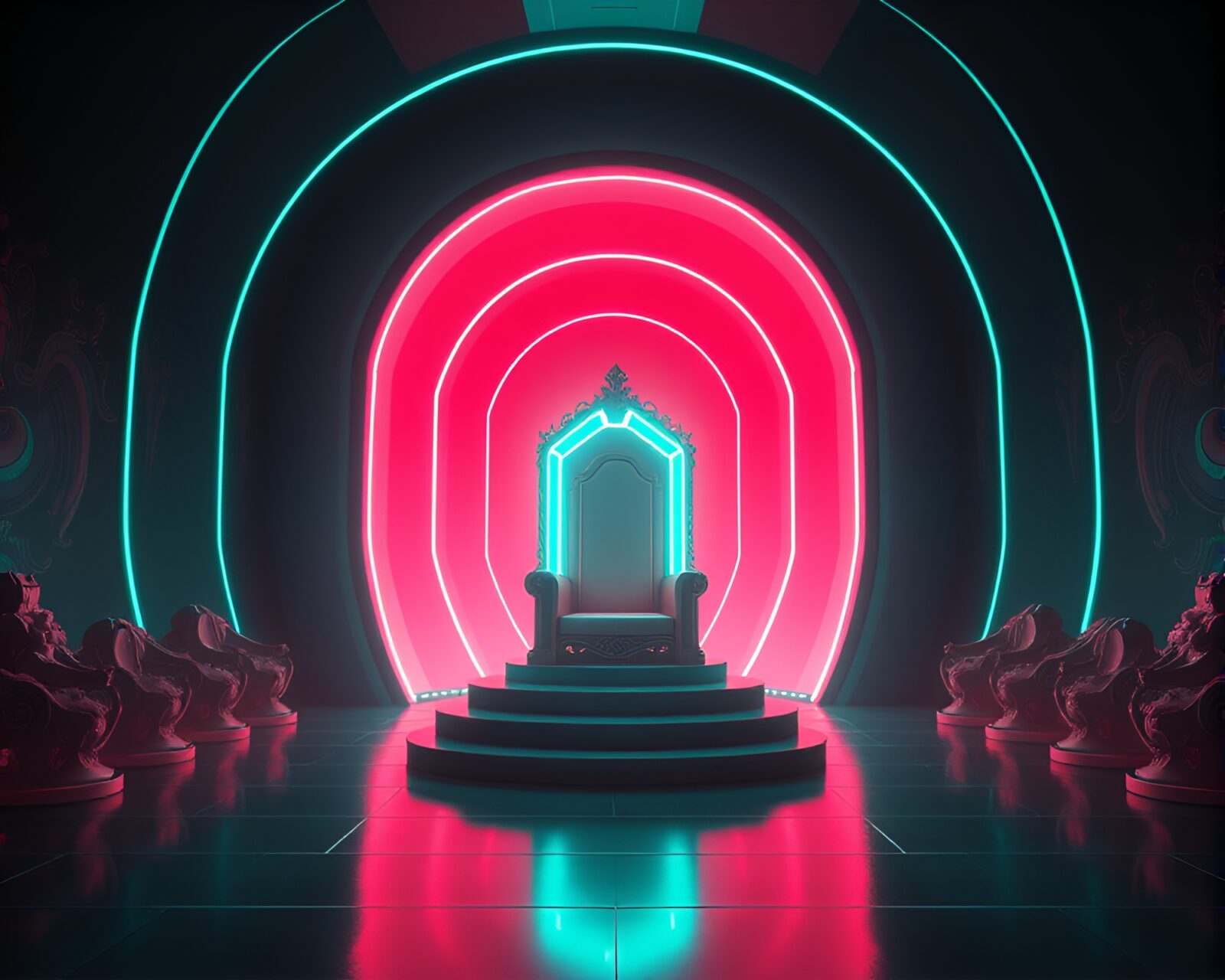 Surreal throne room with retro wave grid background