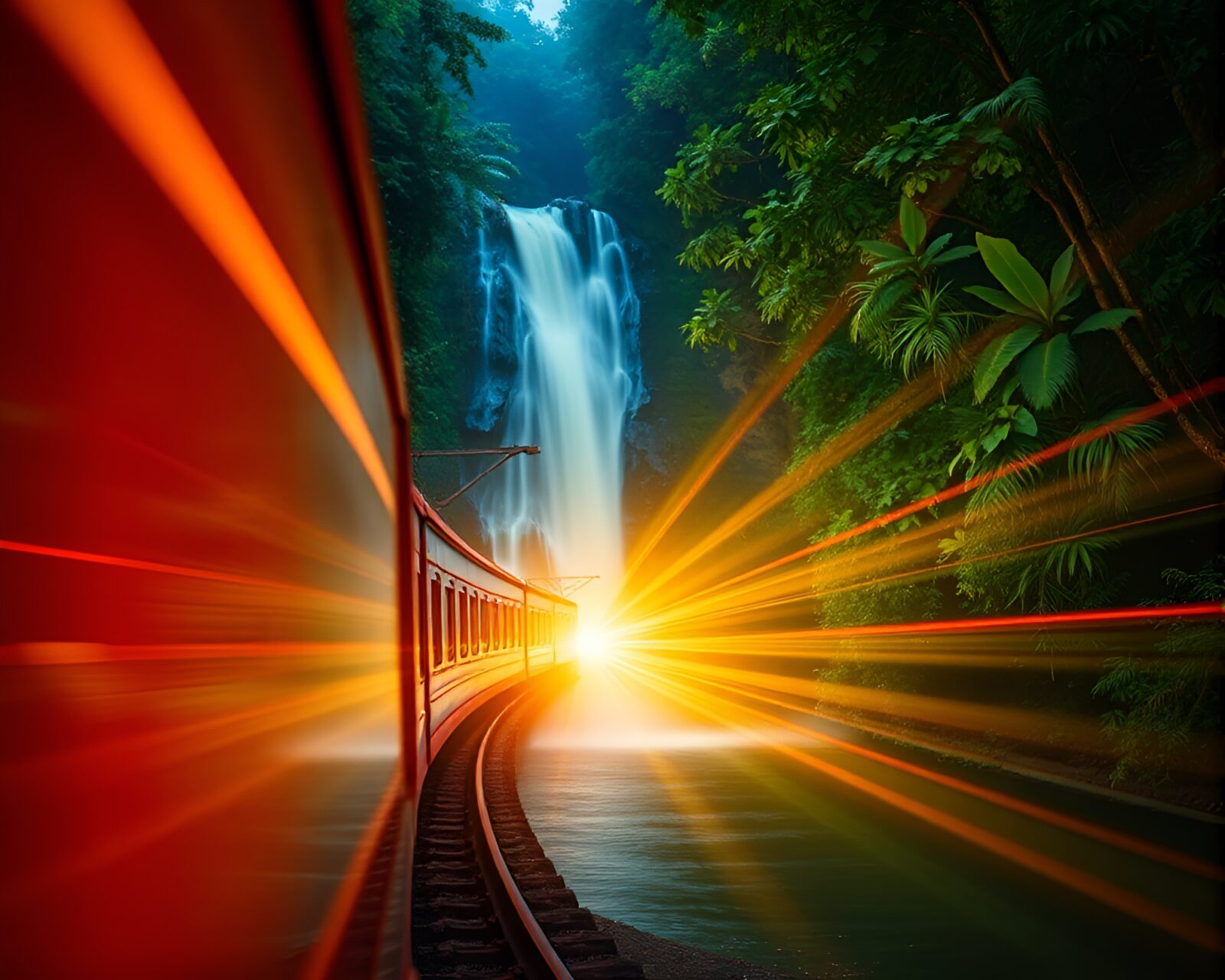 Vibrant rainbow light trails around a tropical waterfall train