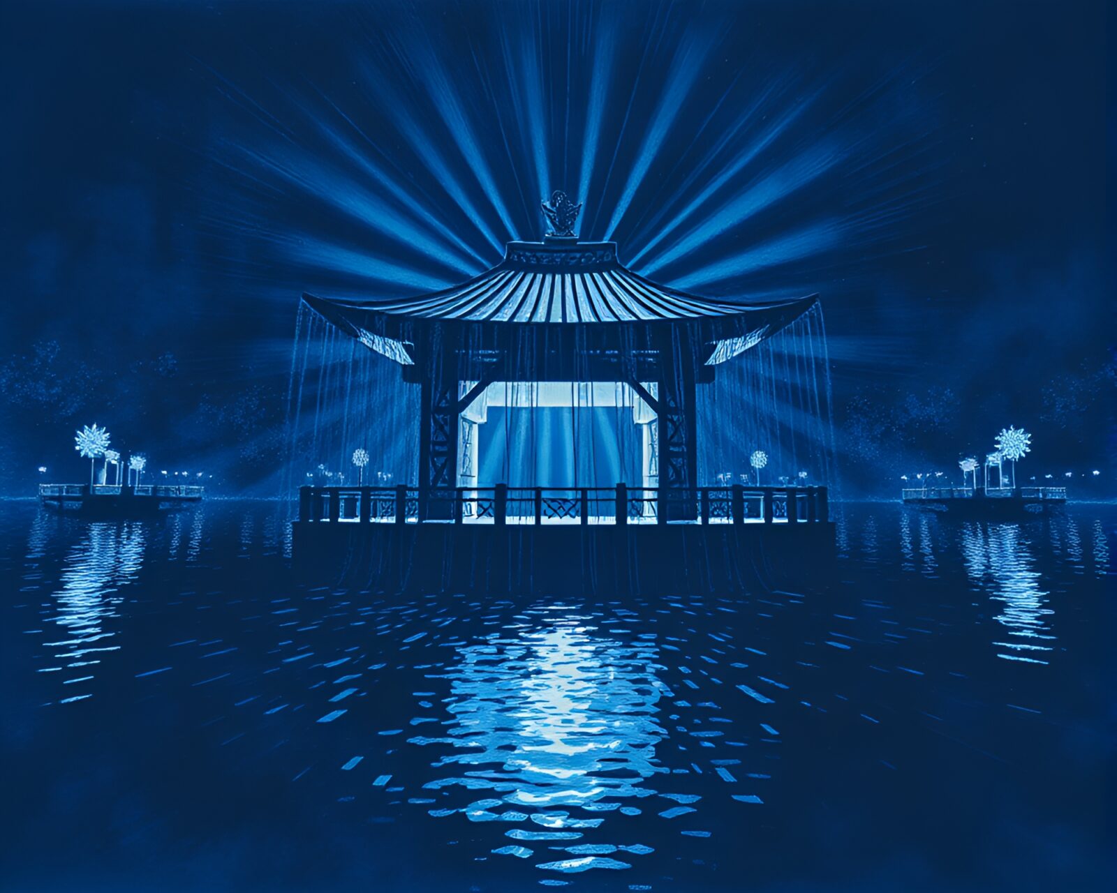 Etched scene with floating pavilion glowing in indigo light