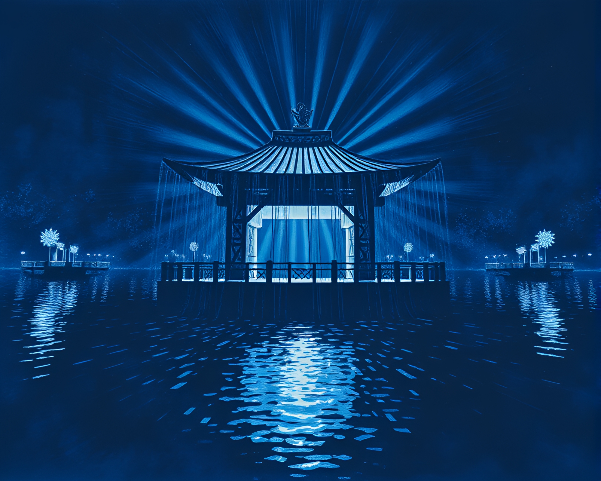 Mystical Floating Pavilion in Indigo Light – free AI stock image
