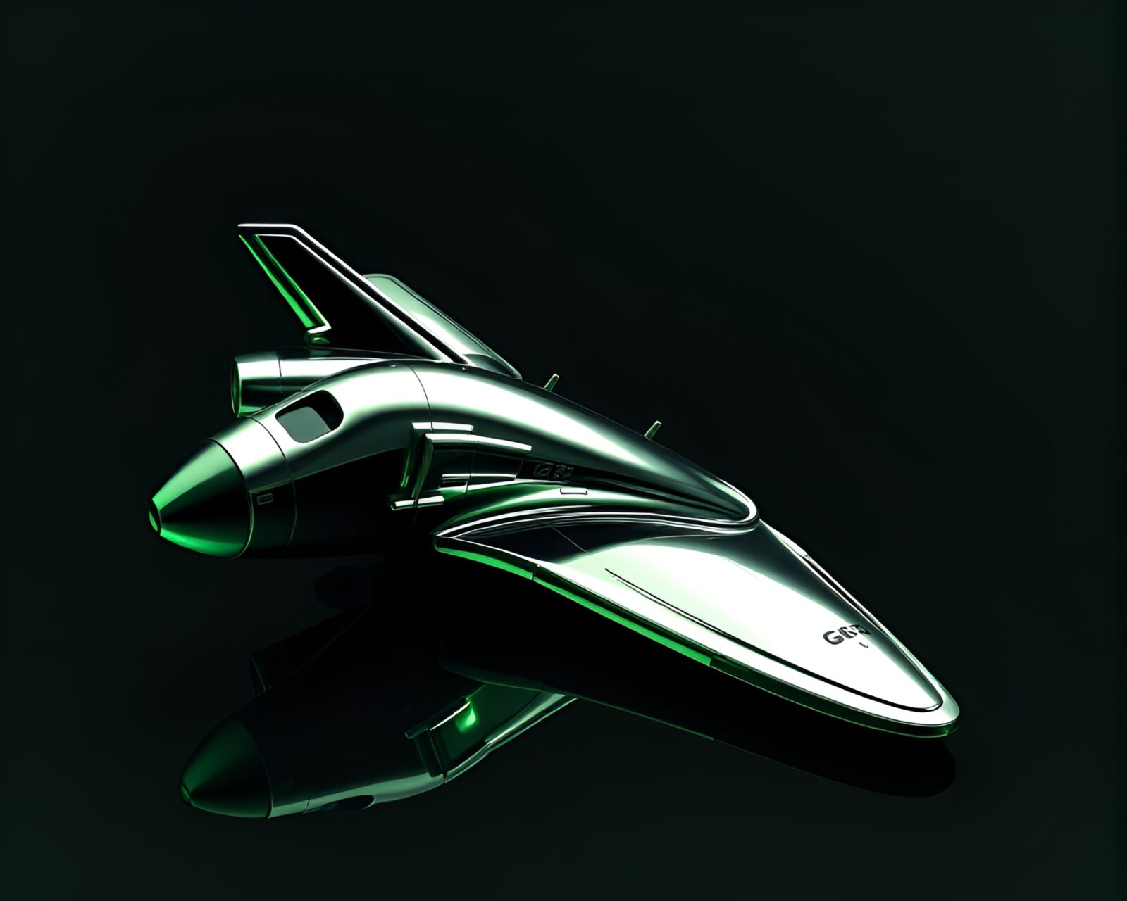 Monochrome space shuttle reflecting in chrome, highlighted in green