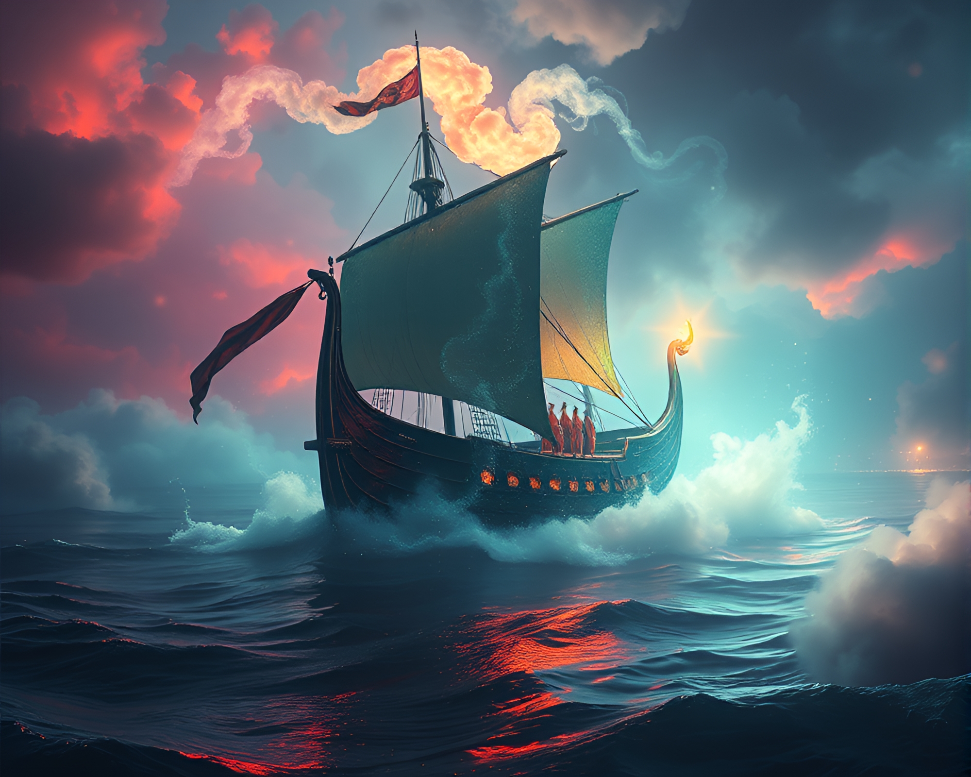 Ethereal Viking Longship Emerging from Steam Vapor Spotlight – free AI stock image