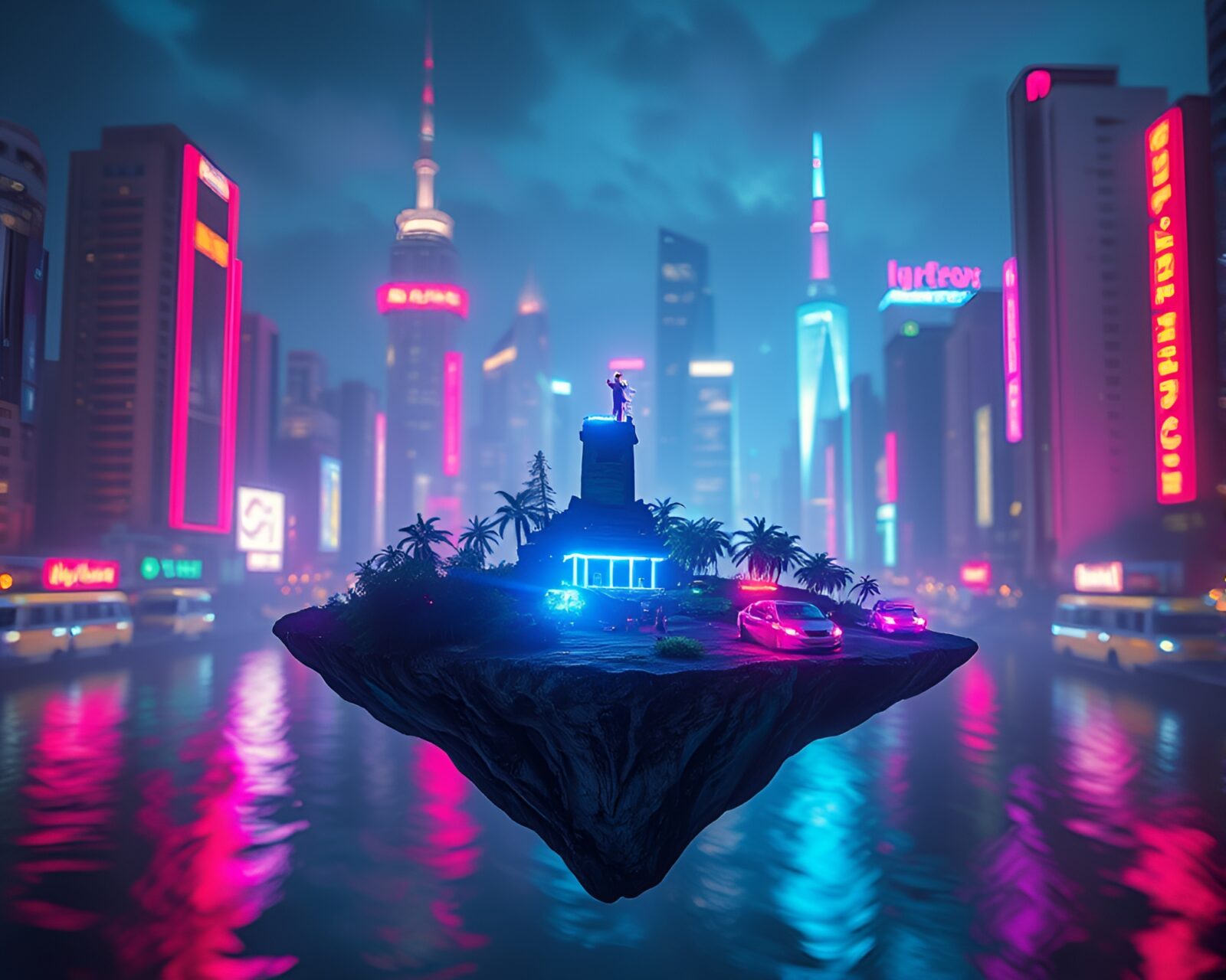 A surreal neon cityscape with floating island in grunge colors