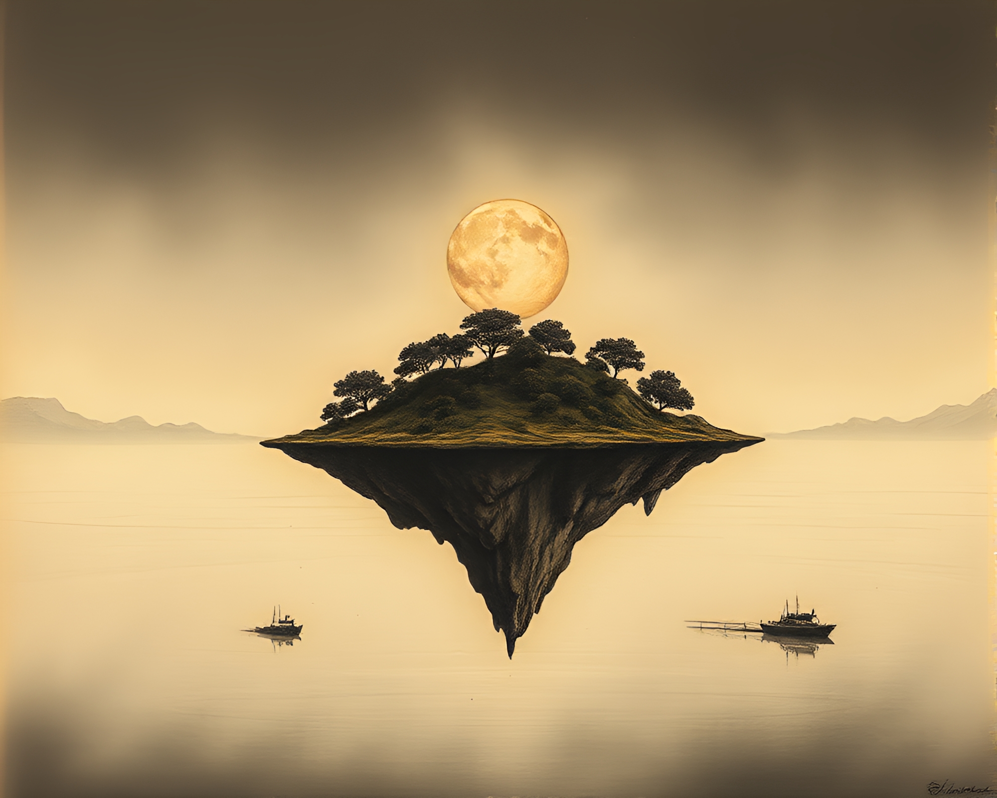 Floating Island Environmental Portrait with Metallic Sheen – free AI stock image