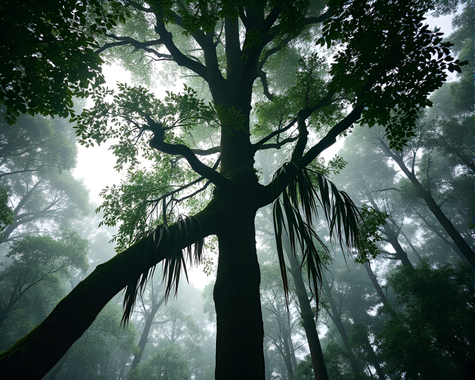 Fantastical rainforest canopy reflecting in dual perspectives with hatching art style