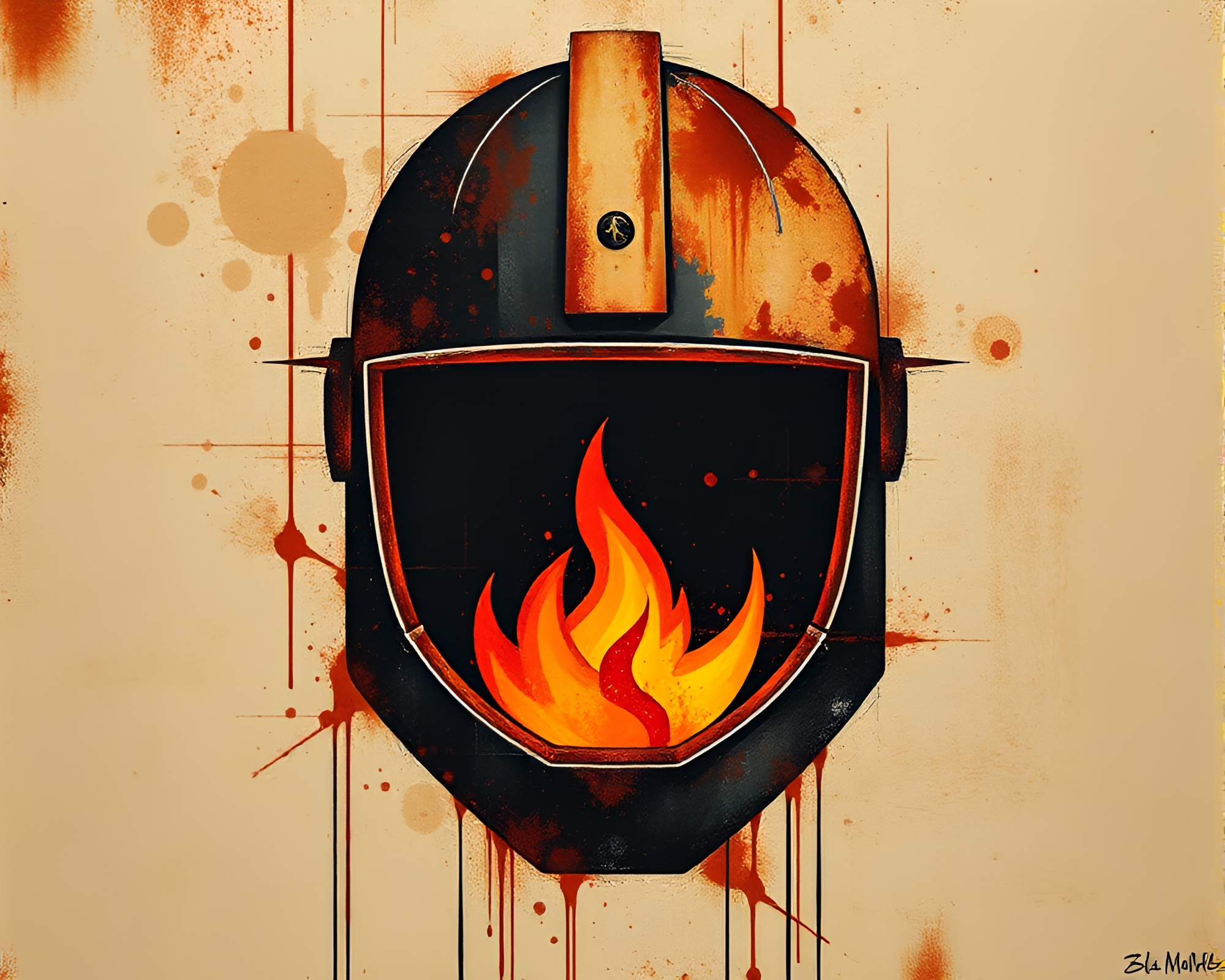 Helmet Abstract Art with Rust Stains in Fireplace Light – free AI stock image