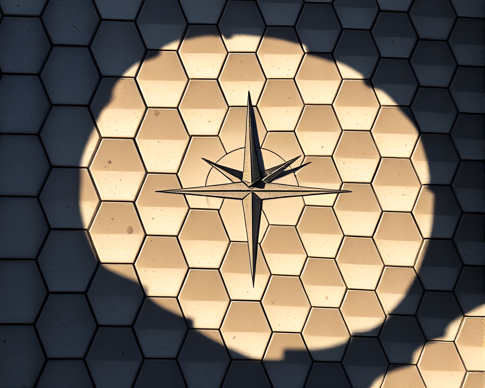Hexagonal Compass Rose in Crosshatch Shadows – free AI stock image