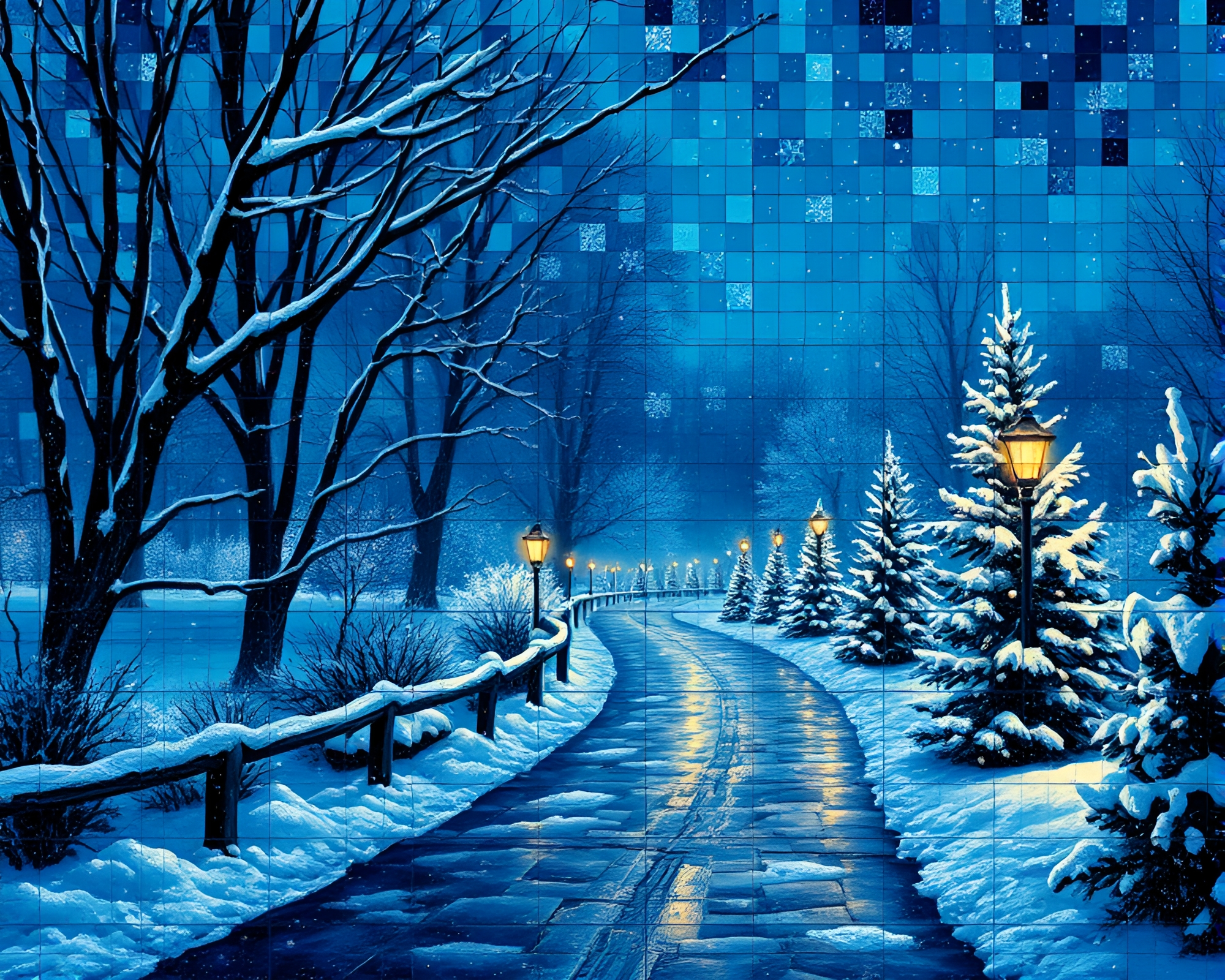 Winter Wonderland Mosaic Artwork in Sapphire Light – free AI stock image
