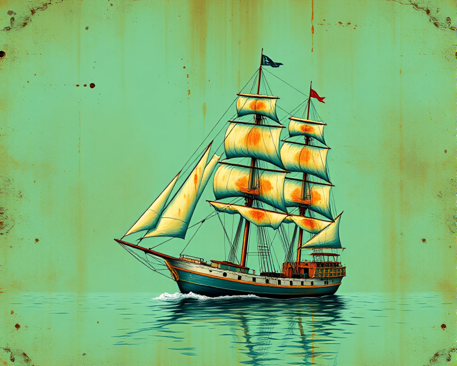 Generative art of a classic ship in mint green ocean