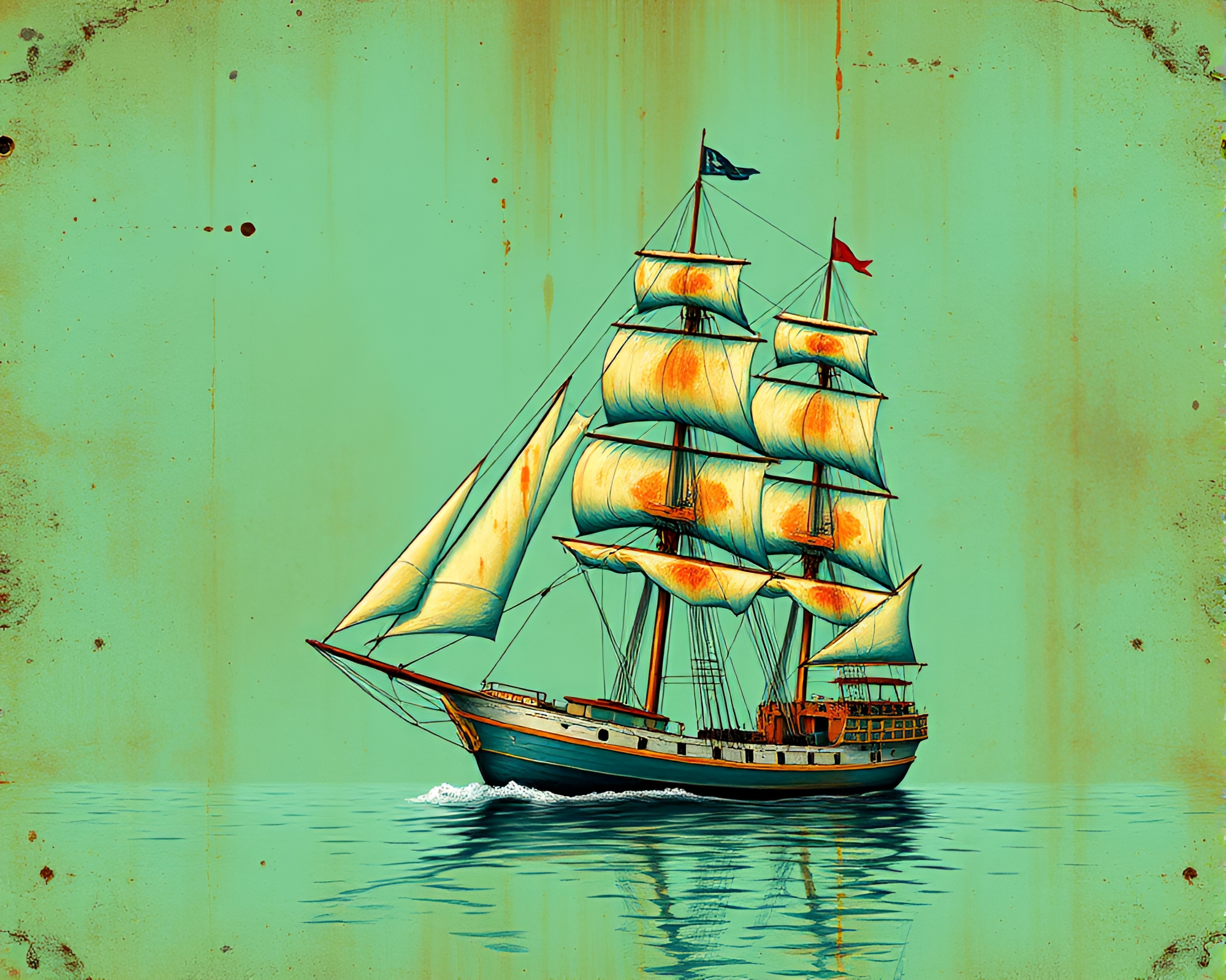 Mint Green Sailing Ship in Rust Stained Seascape – free AI stock image