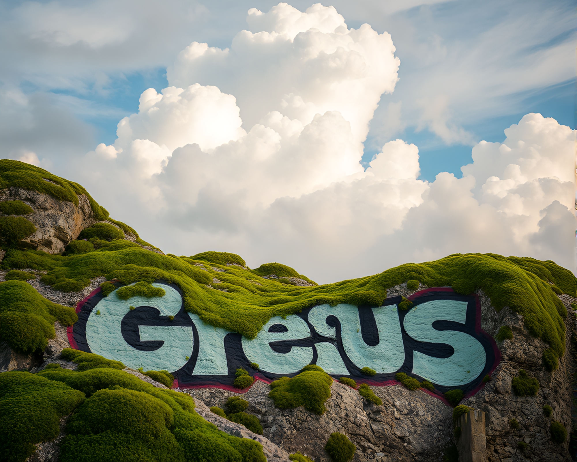 Pastel Graffiti Moss-Covered Rock Formation – free AI stock image