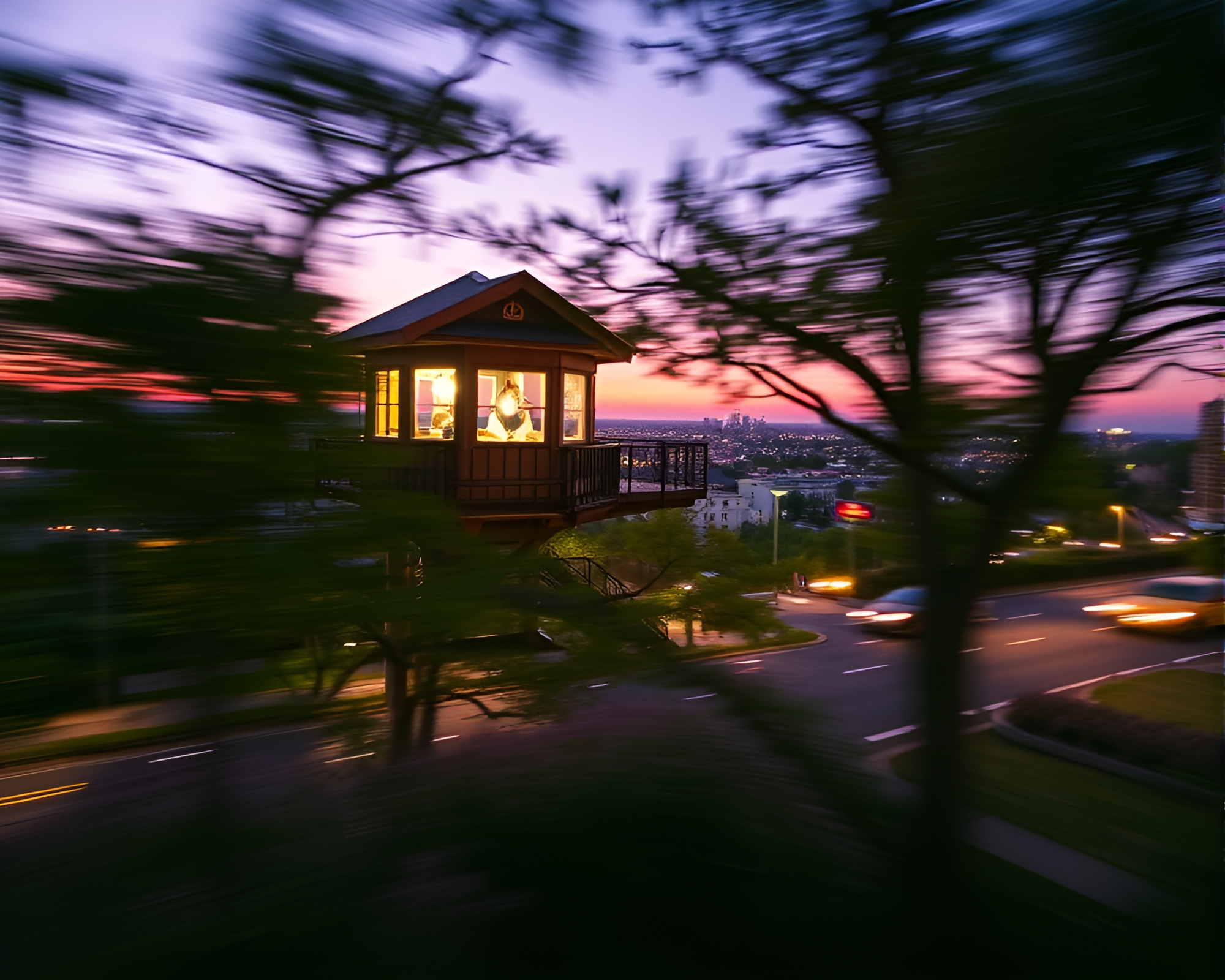 Lavender Twilight Treehouse Taxi Streak – free AI stock image