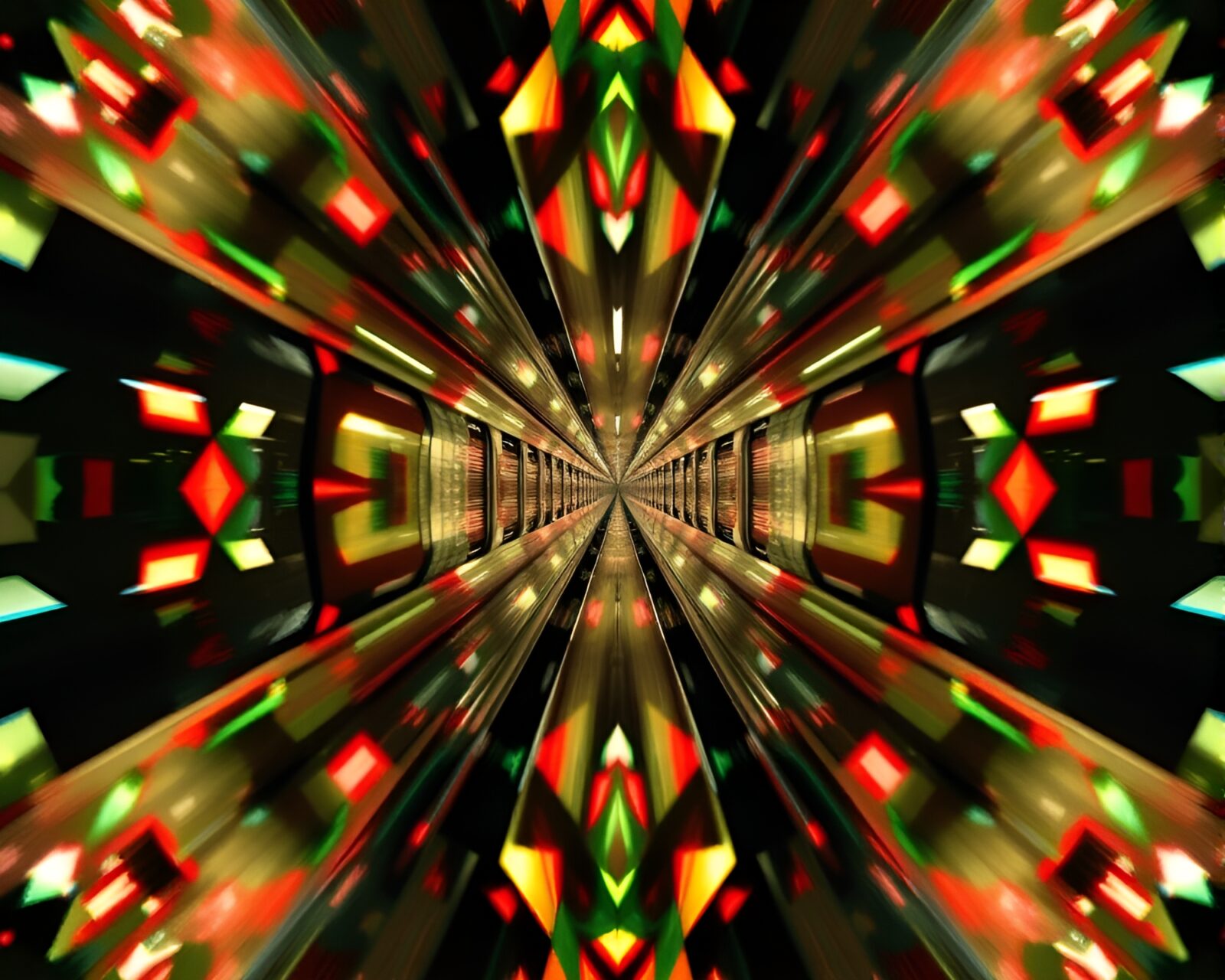 Dark cityscape with triadic colors and kaleidoscope fragments reflecting monorail