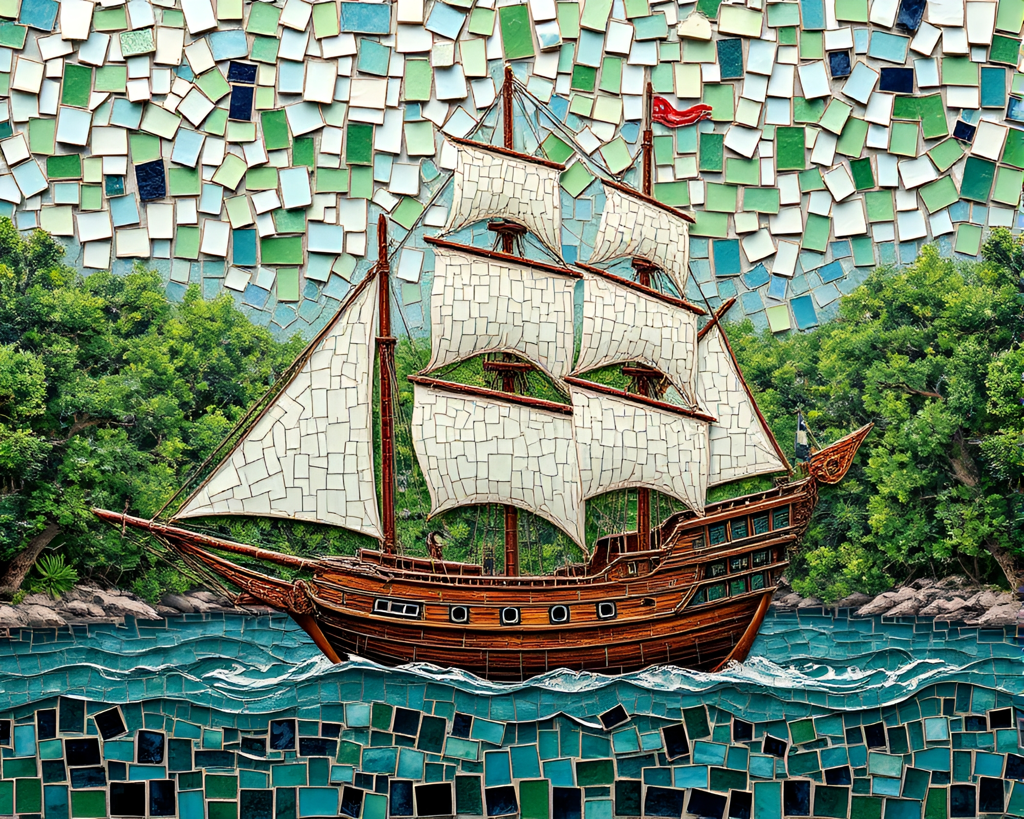 Enchanted Green Forest: Sailing Ship Mosaic – free AI stock image