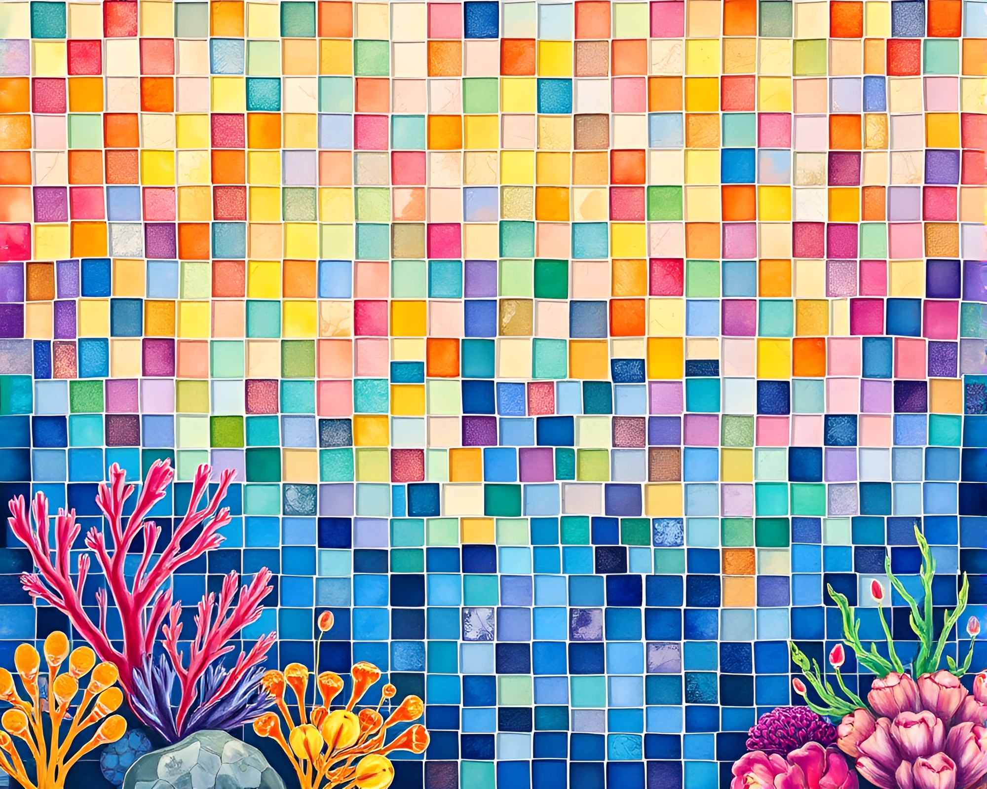 Vibrant Reef Life in Watercolor Mosaic – free AI stock image