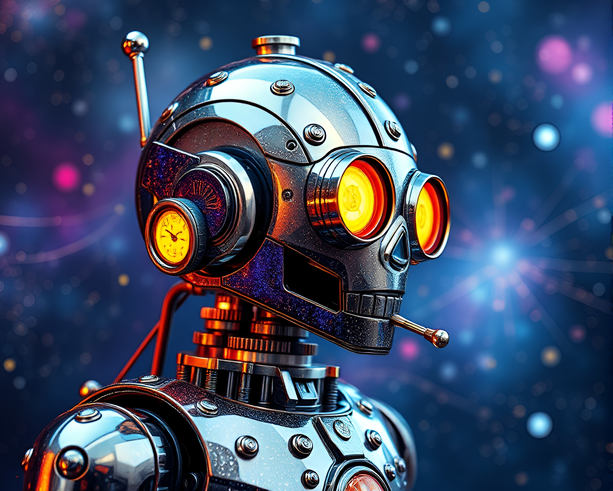 Steampunk Robot with Silver Leaf Accents in Galaxy hues – free AI stock image