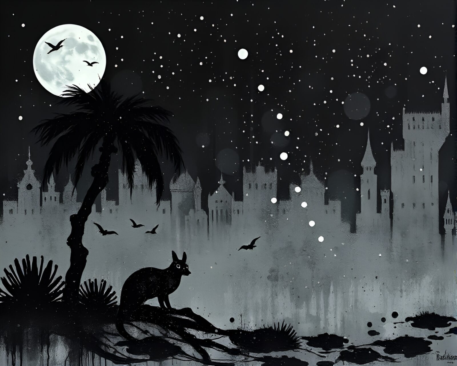Dramatic acrylic painting of eerie Savannah landscape at night