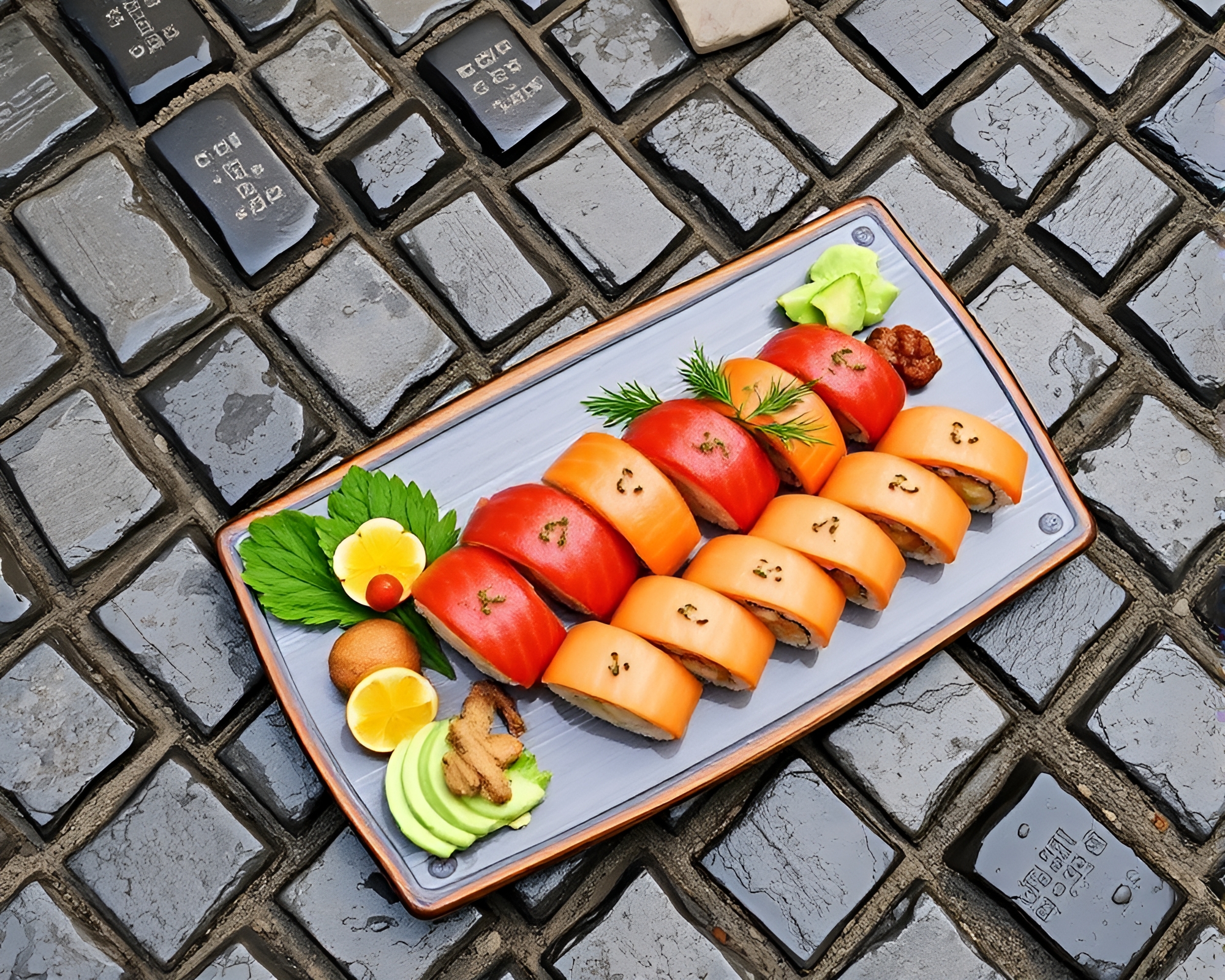 Sushi Platter on Cobblestone Path: Divisionism Artwork – free AI stock image