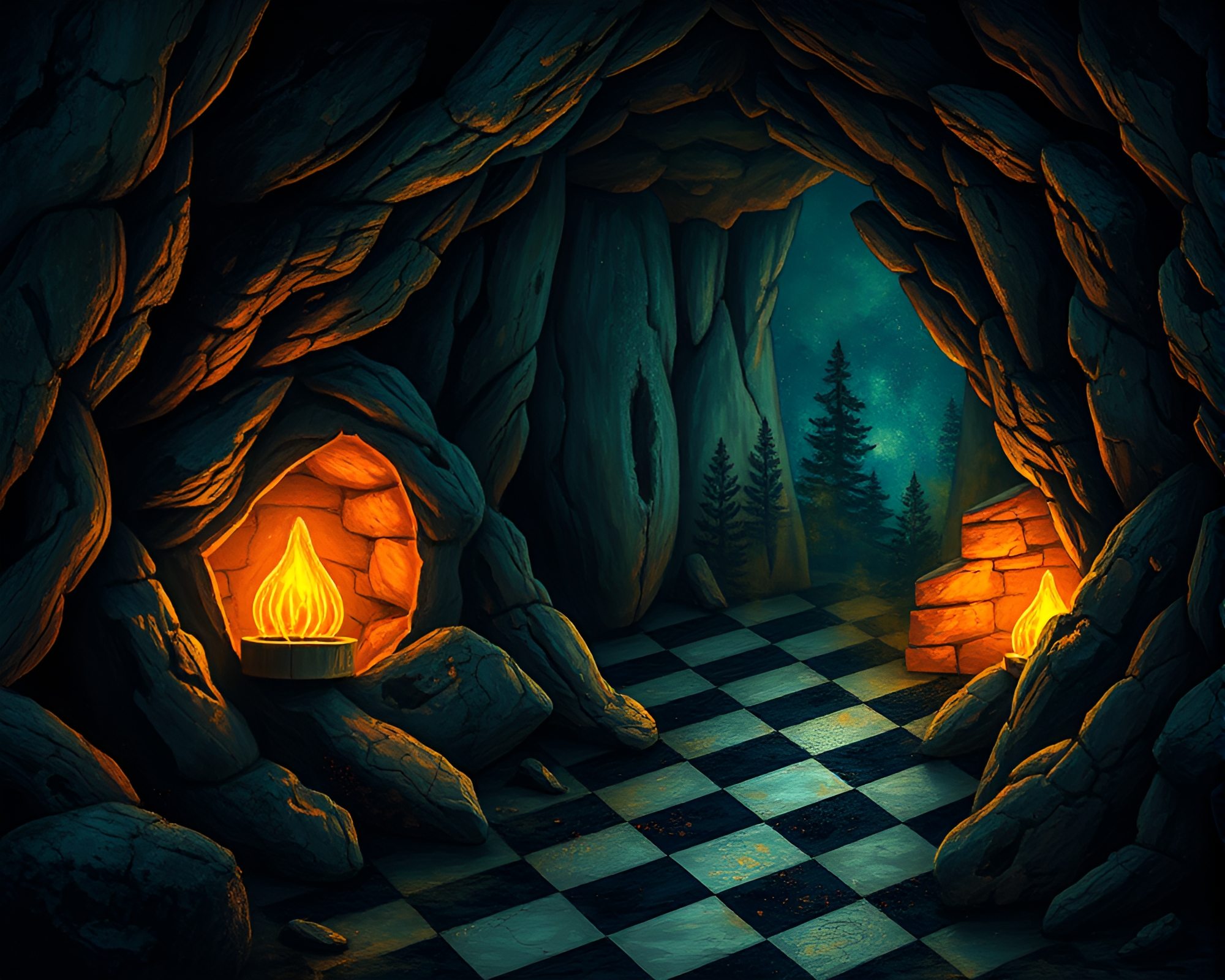 Fantasy Cave Painting with Checkered Patterns and Firefly Glow – free AI stock image