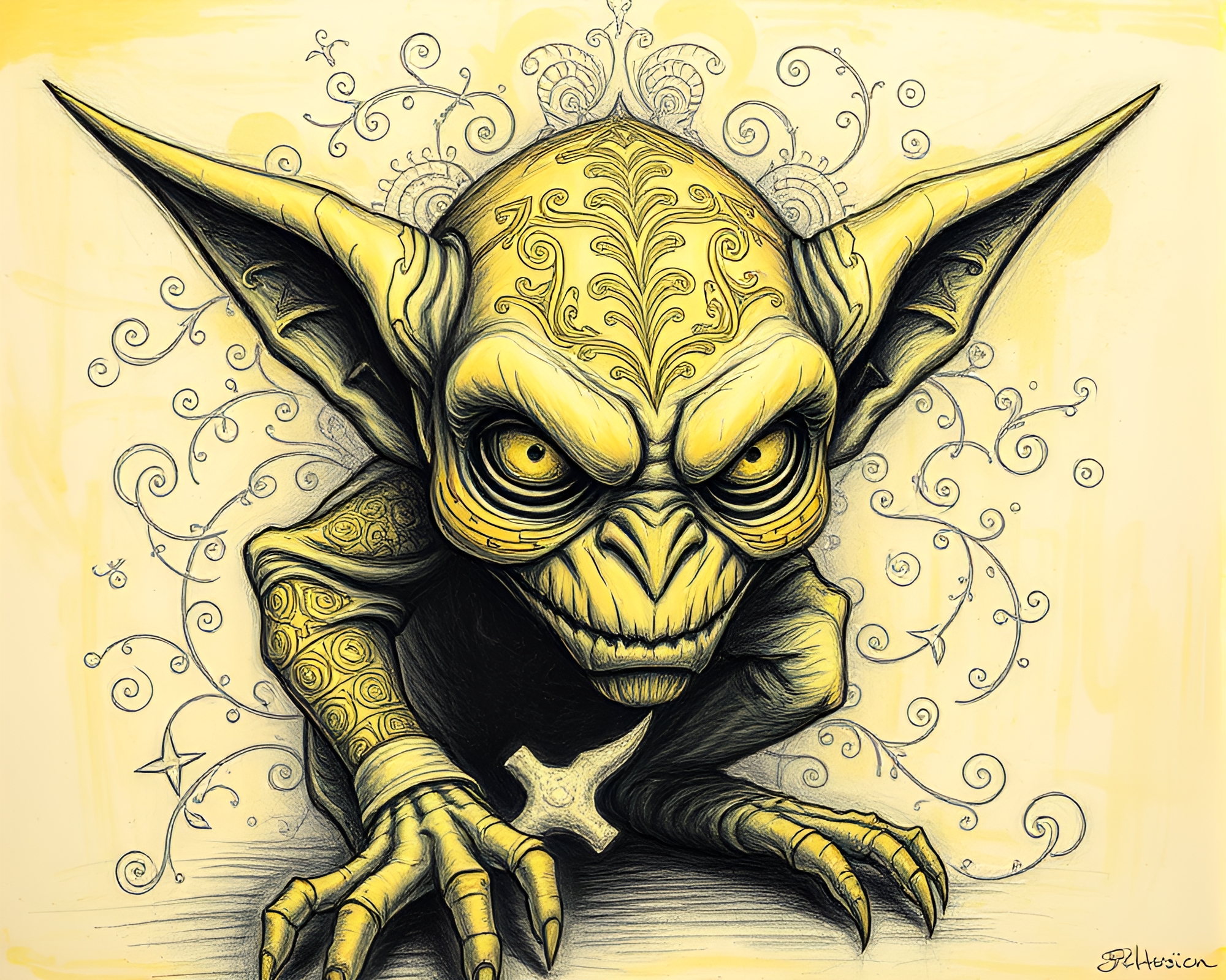 Intricate Goblin Patterns: Monochrome Yellow Chalk Drawing – free AI stock image