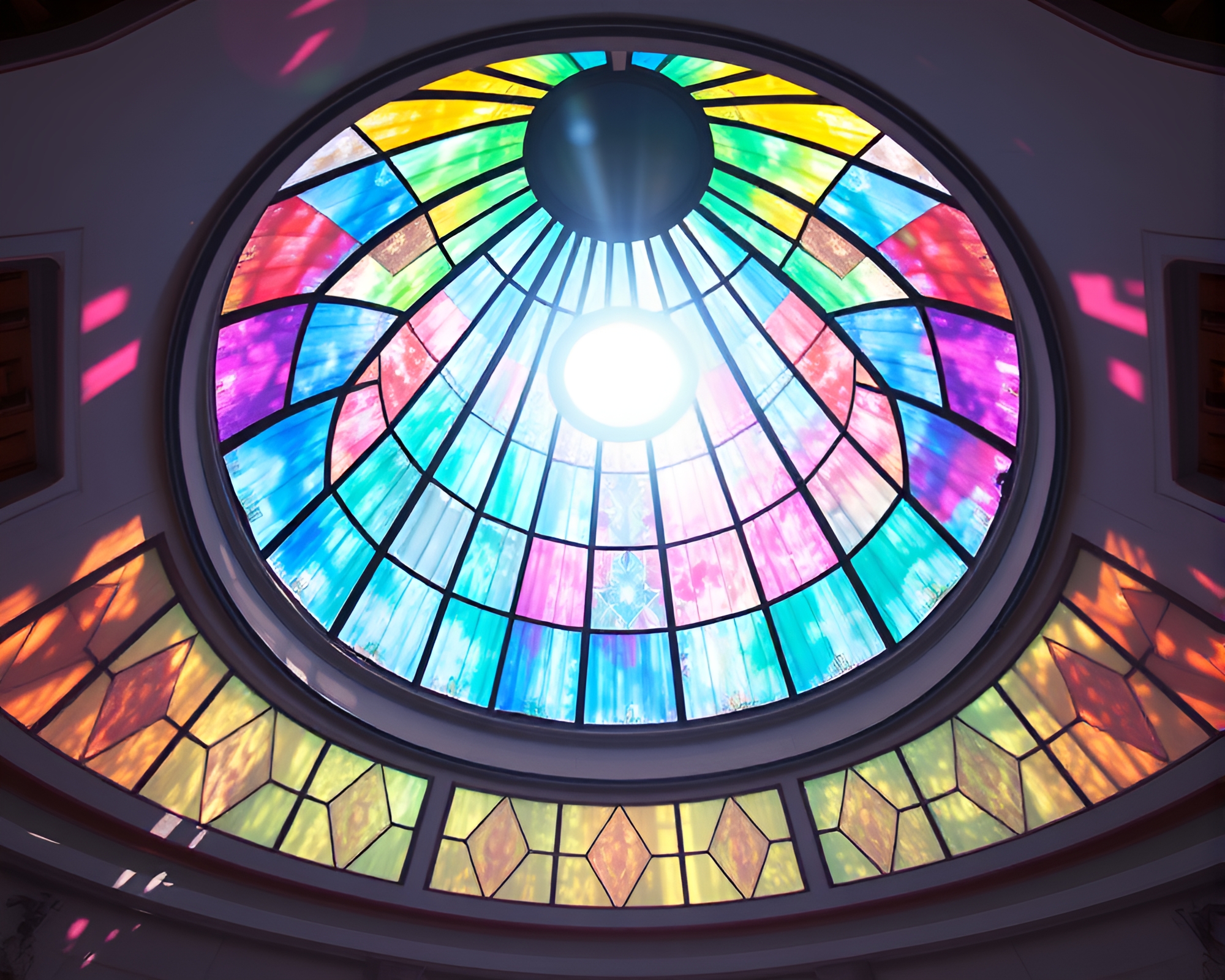 Stained Glass Dome Radiating Pastel Neon Sun Glare – free AI stock image