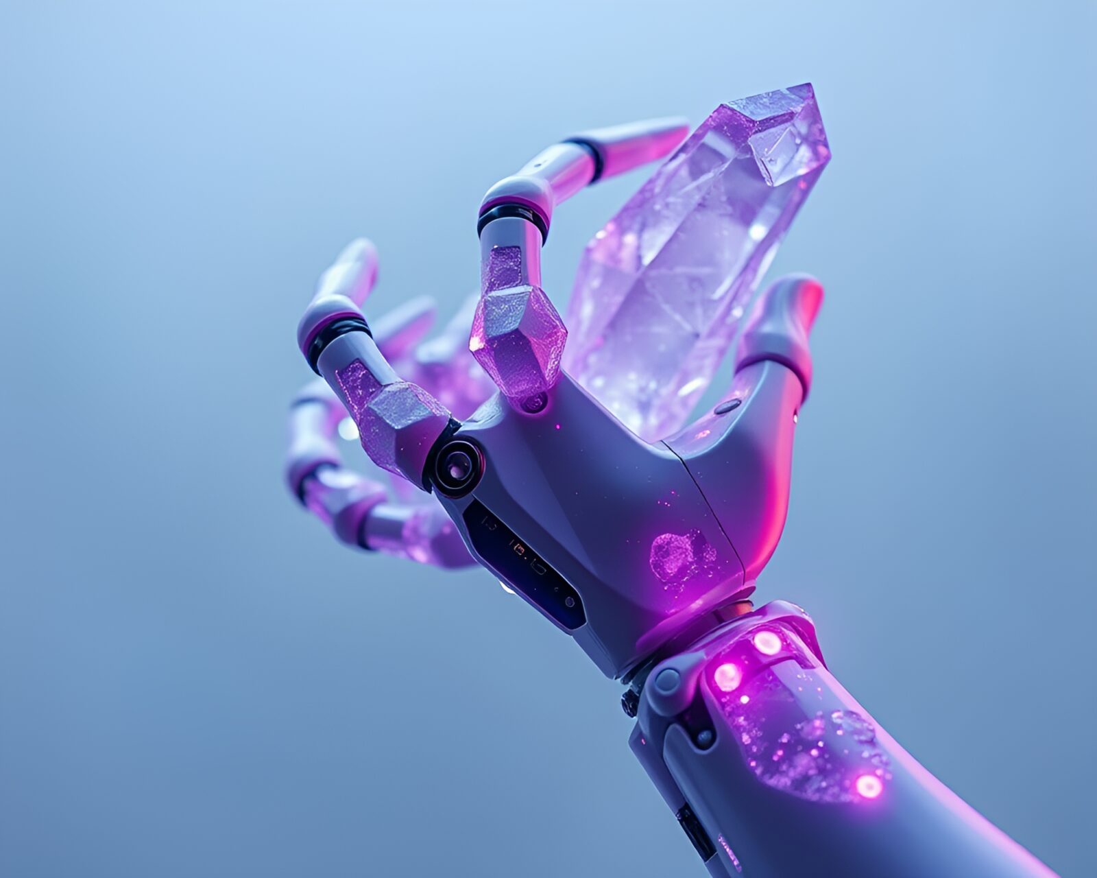 Sleek robotic arm surrounded by icy amethyst crystals