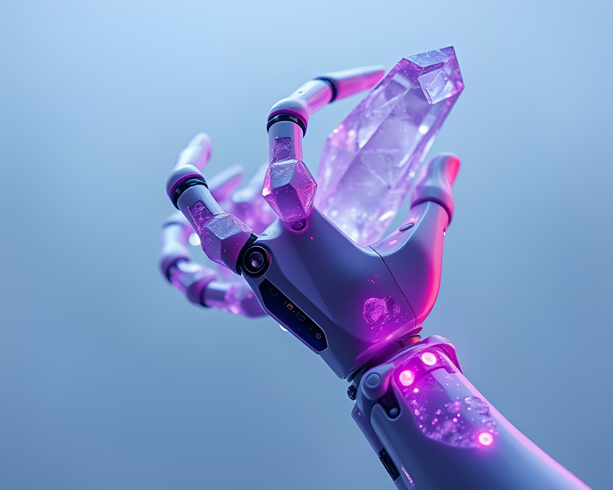 Frozen Amethyst Robot Arm with Ice Crystals – free AI stock image