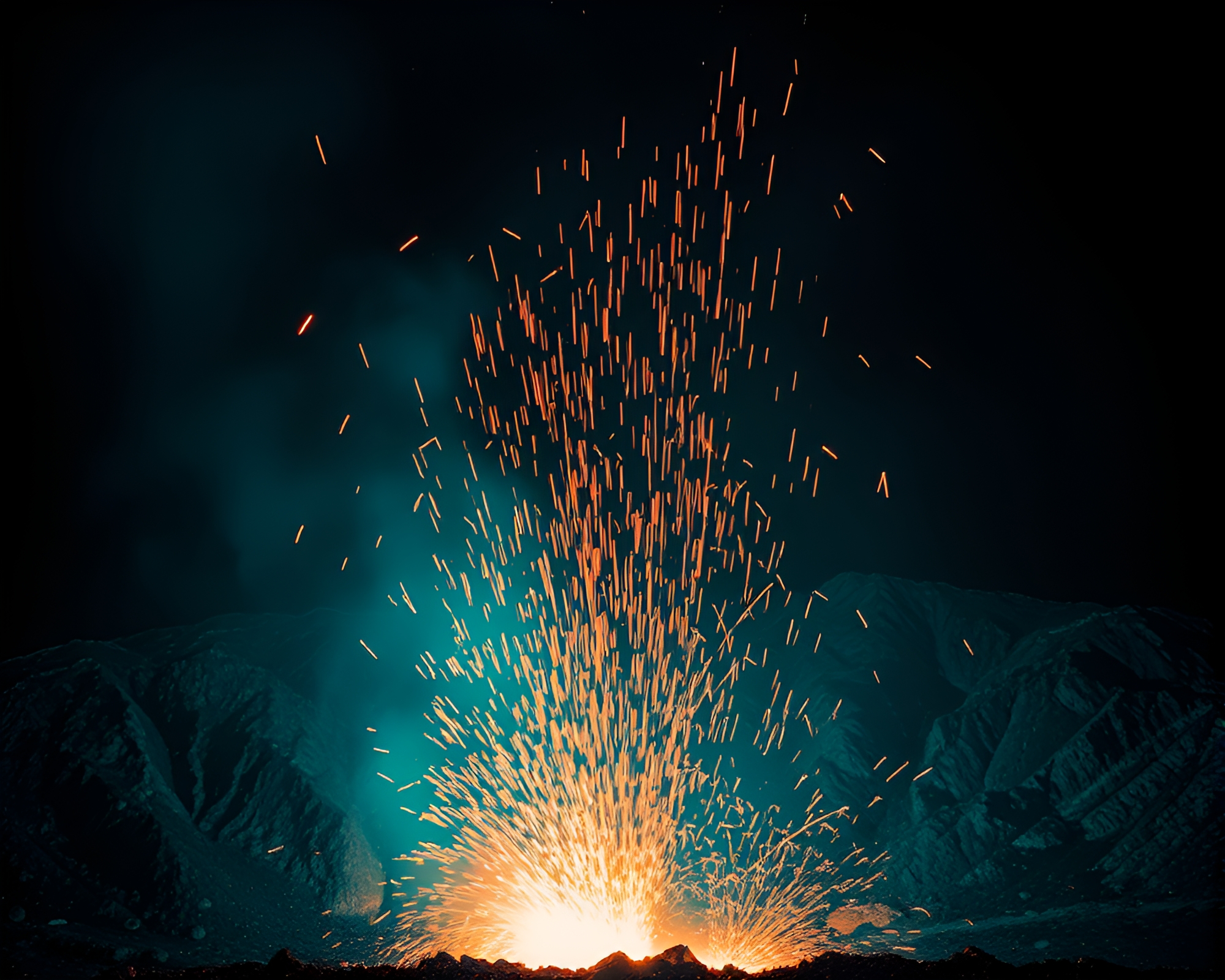 Vibrant Volcanic Eruption with Sparkler Trails – free AI stock image